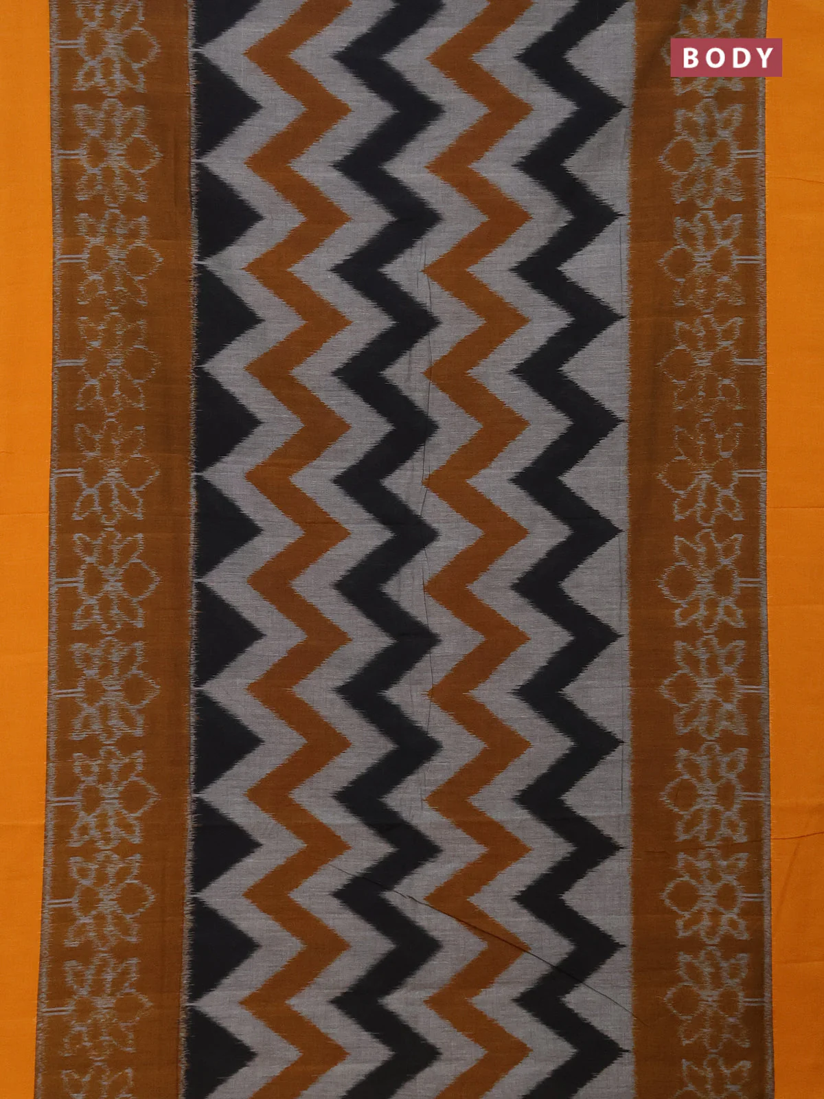 Ikat cotton saree multi colour and mustard shade with allover zig zag weaves and simple border - Image 2