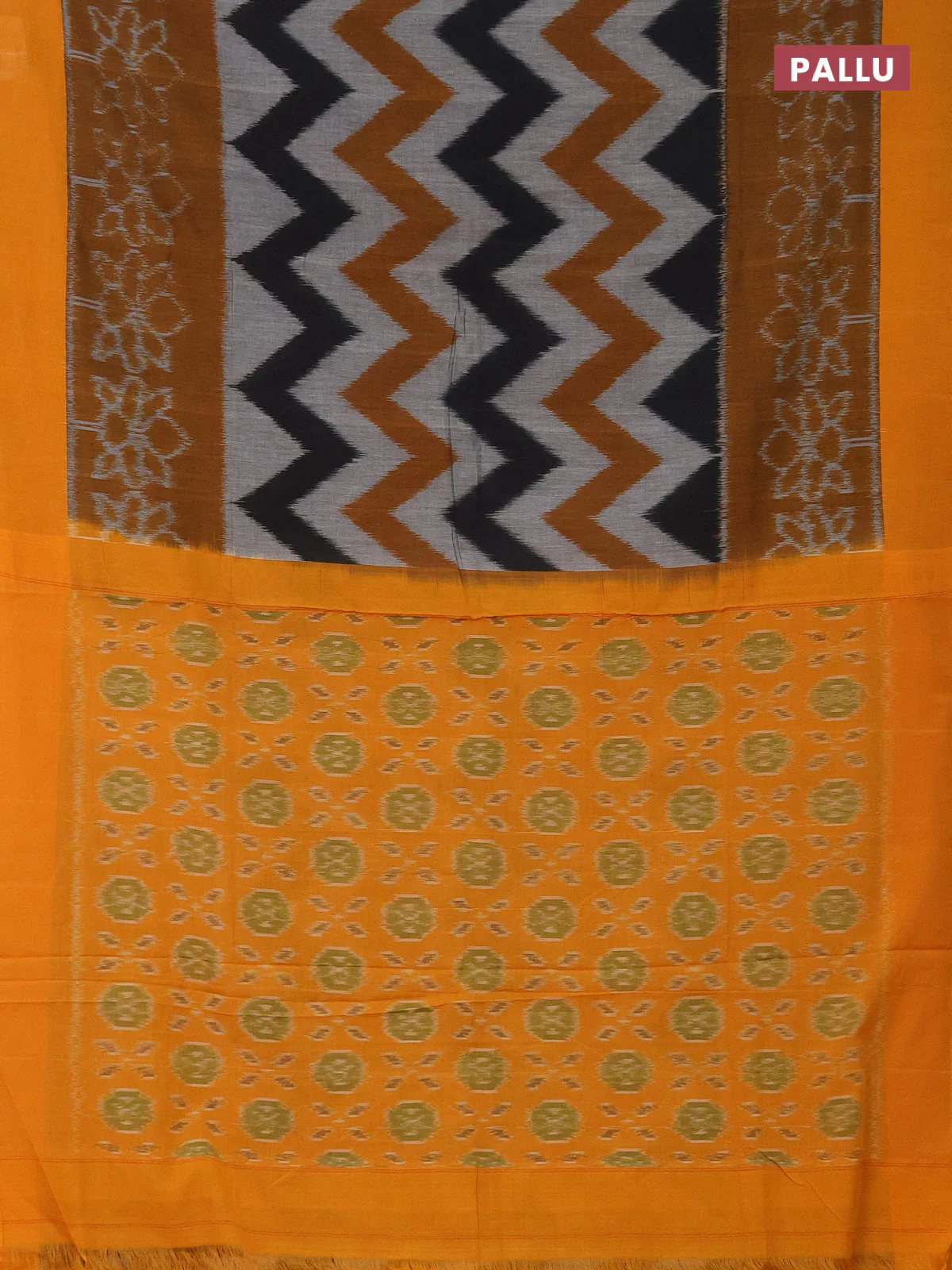 Ikat cotton saree multi colour and mustard shade with allover zig zag weaves and simple border - Image 3