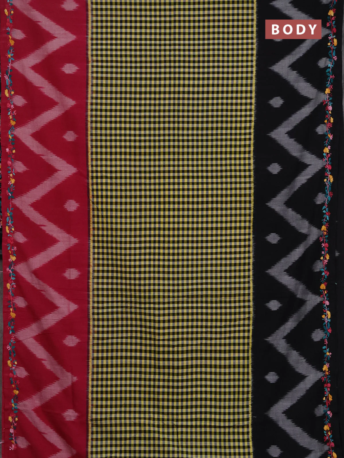 Ikat cotton saree multi colour with allover checks pattern & kantha stitch work and ganga jamuna border - Image 2