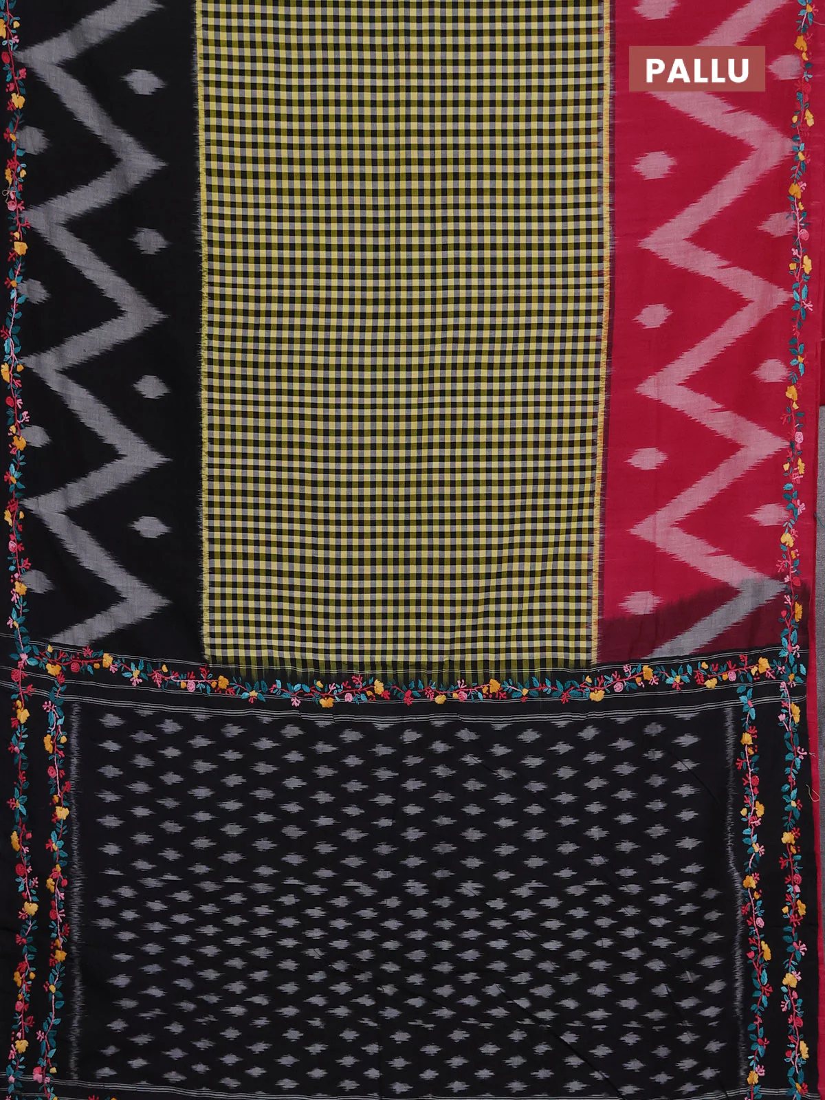 Ikat cotton saree multi colour with allover checks pattern & kantha stitch work and ganga jamuna border - Image 3