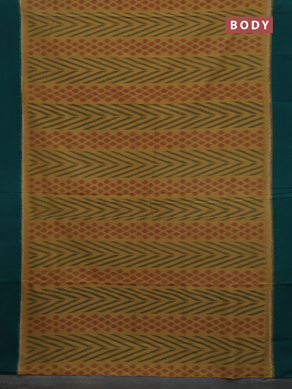 Ikat cotton saree mustard shade and green with allover ikat weaves and simple border - Image 2