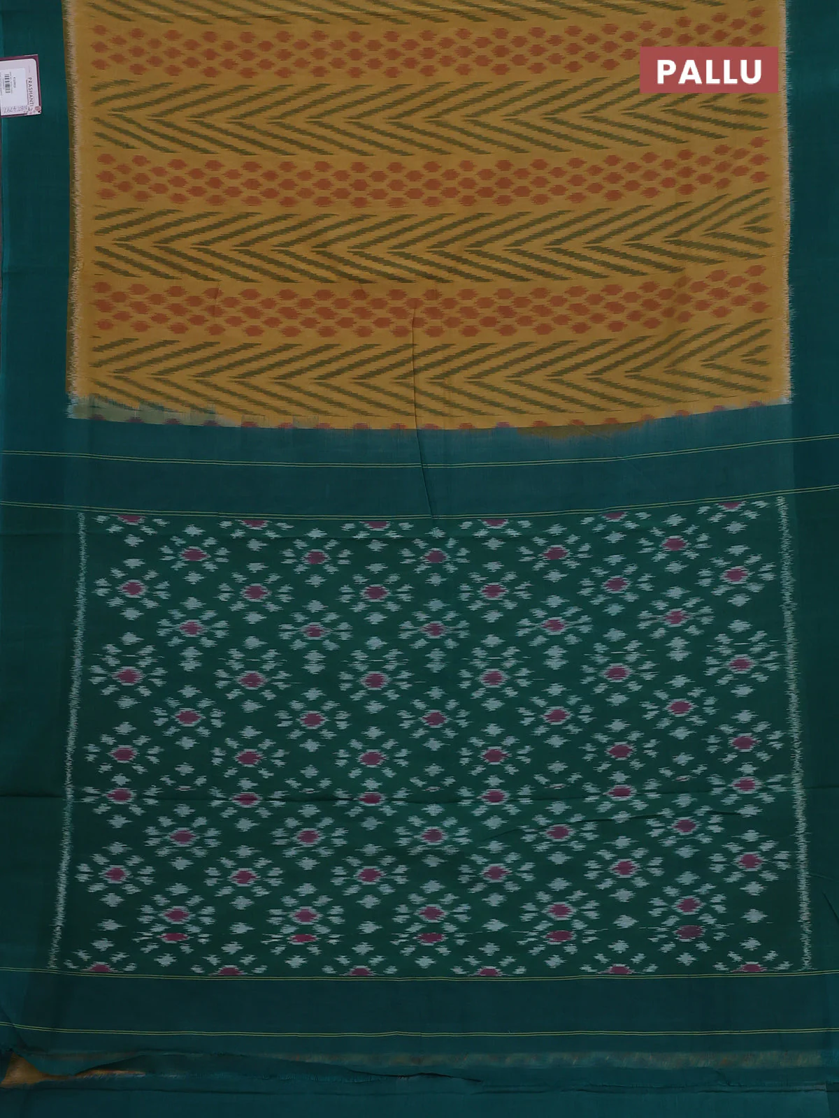 Ikat cotton saree mustard shade and green with allover ikat weaves and simple border - Image 3