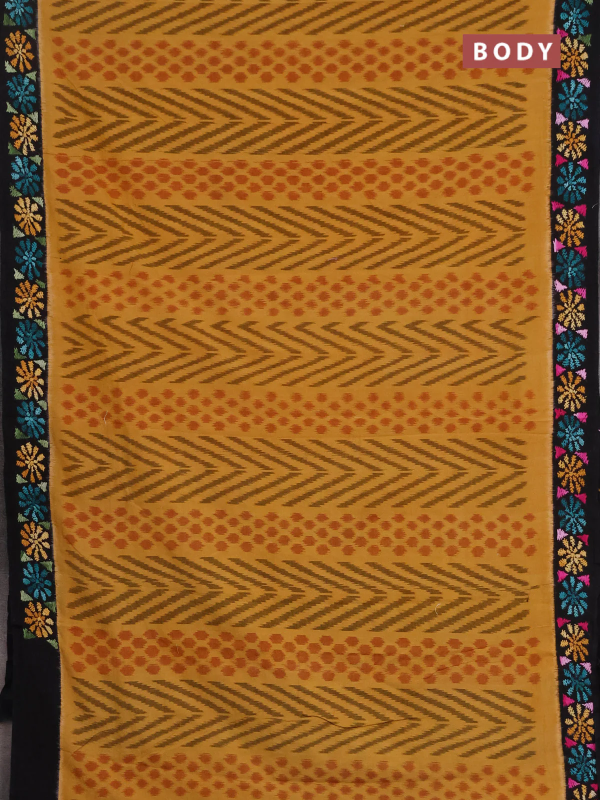 Ikat cotton saree mustard yellow and black with allover ikat weaves and kantha stitch work pallu - Image 2