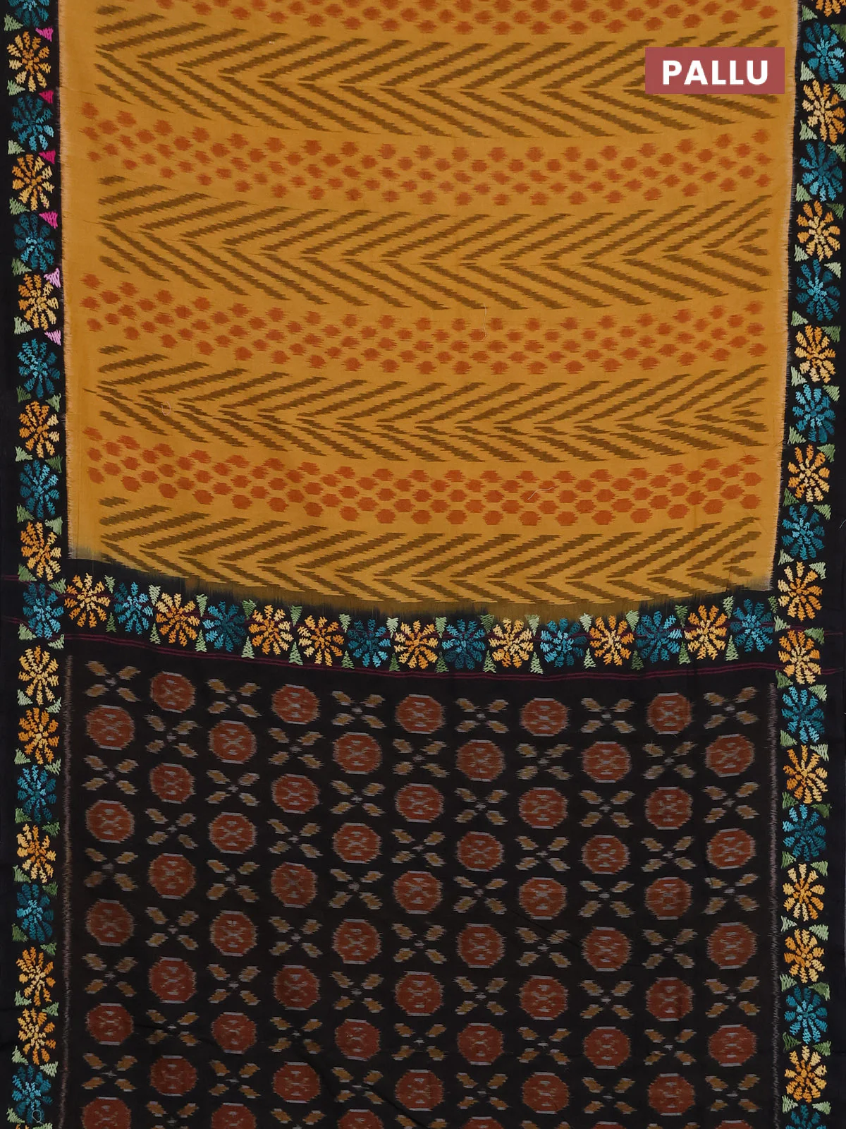 Ikat cotton saree mustard yellow and black with allover ikat weaves and kantha stitch work pallu - Image 3