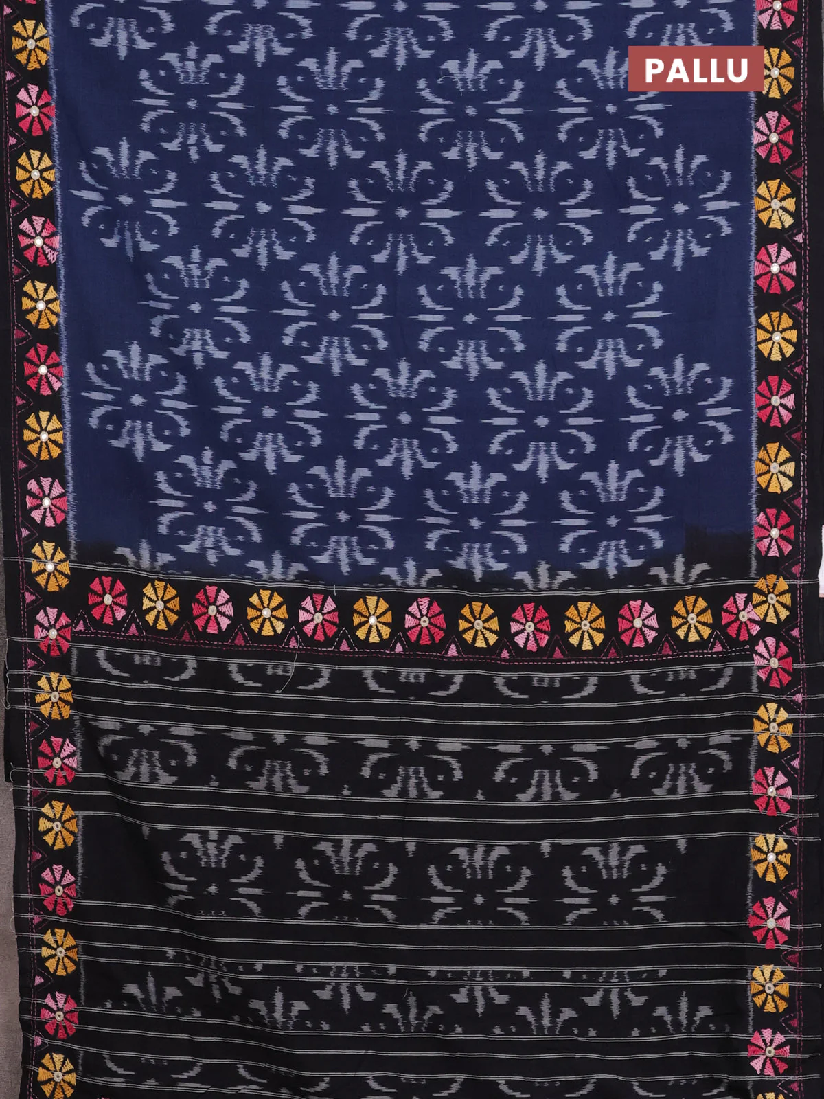Ikat cotton saree navy blue and black with allover ikat weaves and kantha stitch work pallu - Image 3