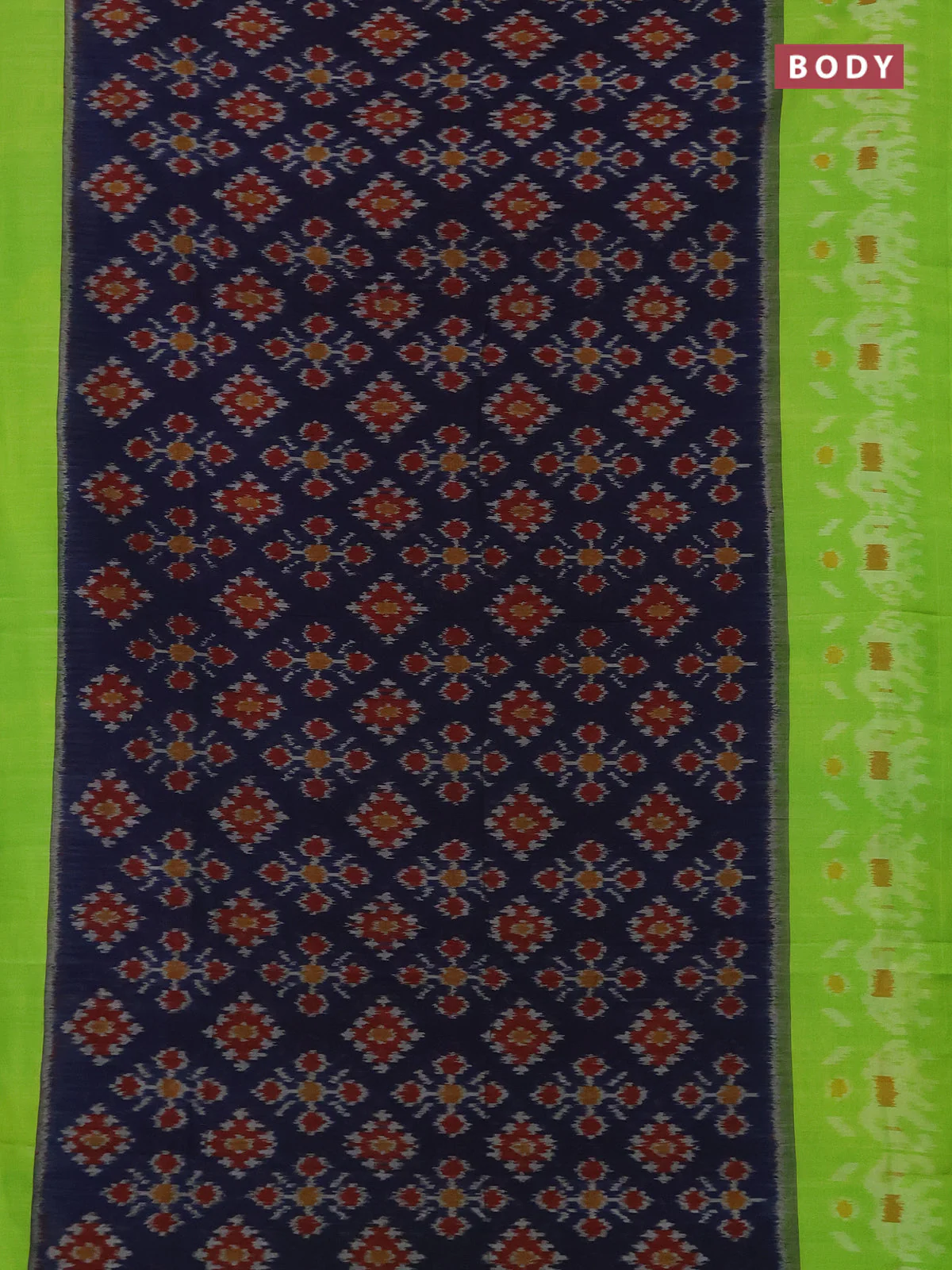 Ikat cotton saree navy blue and light green with allover ikat butta weaves and long ikat style border - Image 2