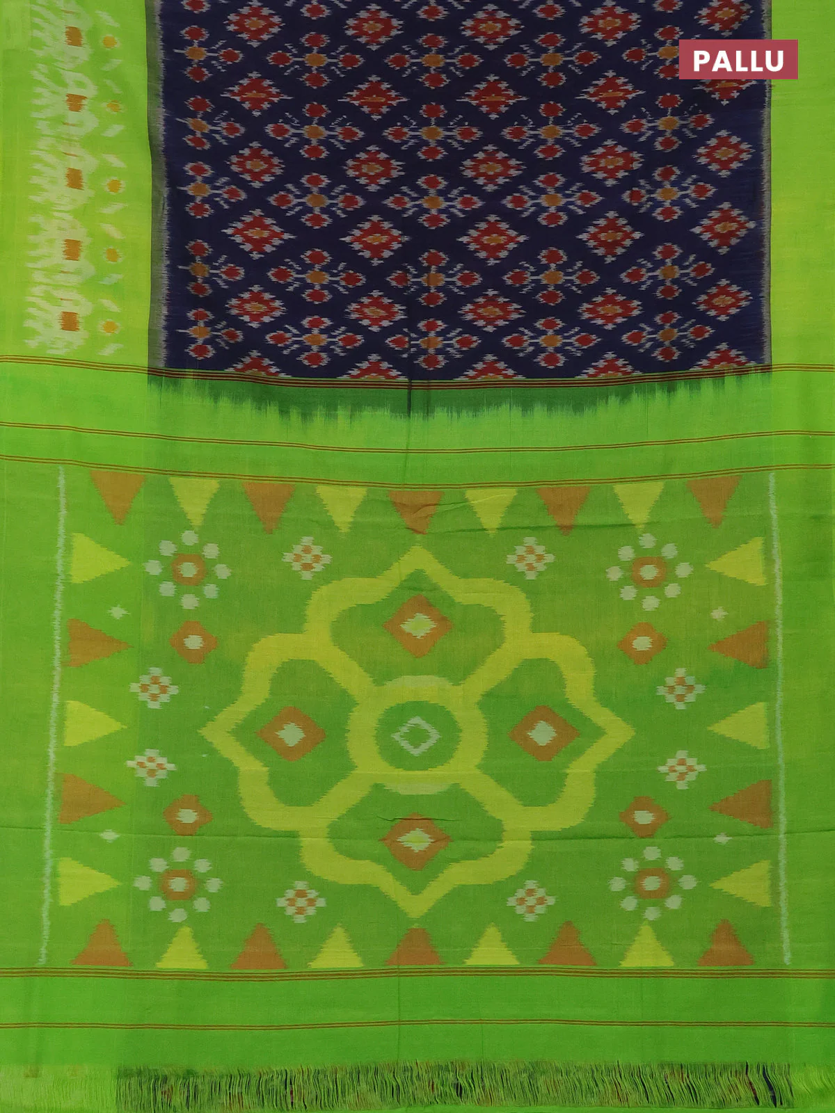 Ikat cotton saree navy blue and light green with allover ikat butta weaves and long ikat style border - Image 3