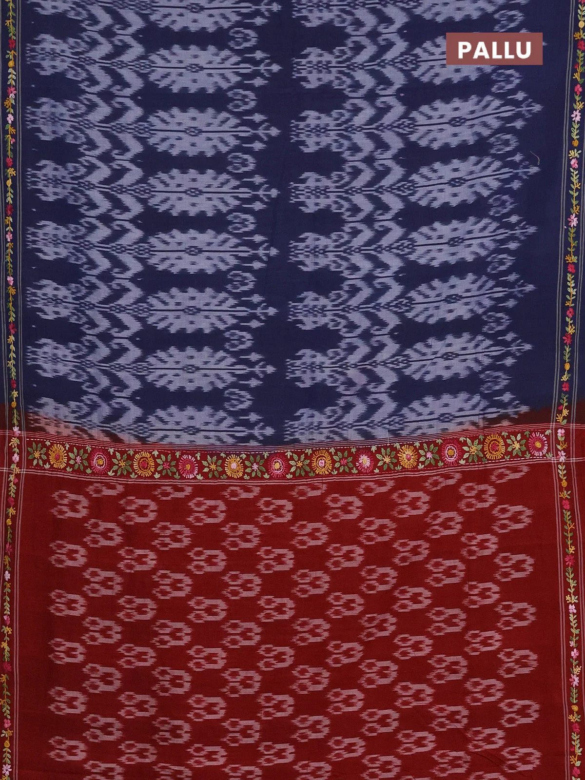 Ikat cotton saree navy blue and red with allover ikat weaves and kantha stitch work pallu - Image 3