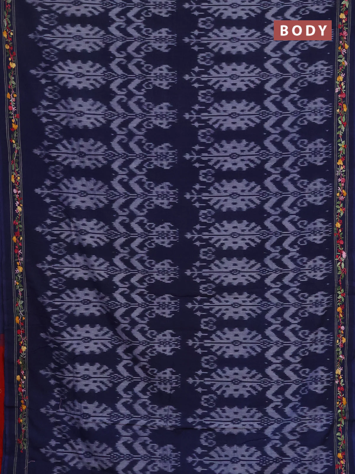 Ikat cotton saree navy blue and red with allover ikat weaves and kantha stitch work pallu - Image 2