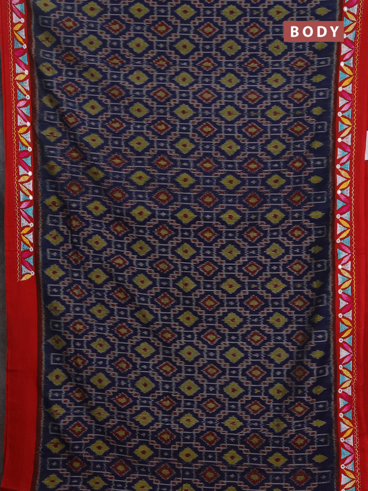 Ikat cotton saree navy blue and red with allover ikat weaves and kantha stitch work pallu - Image 2