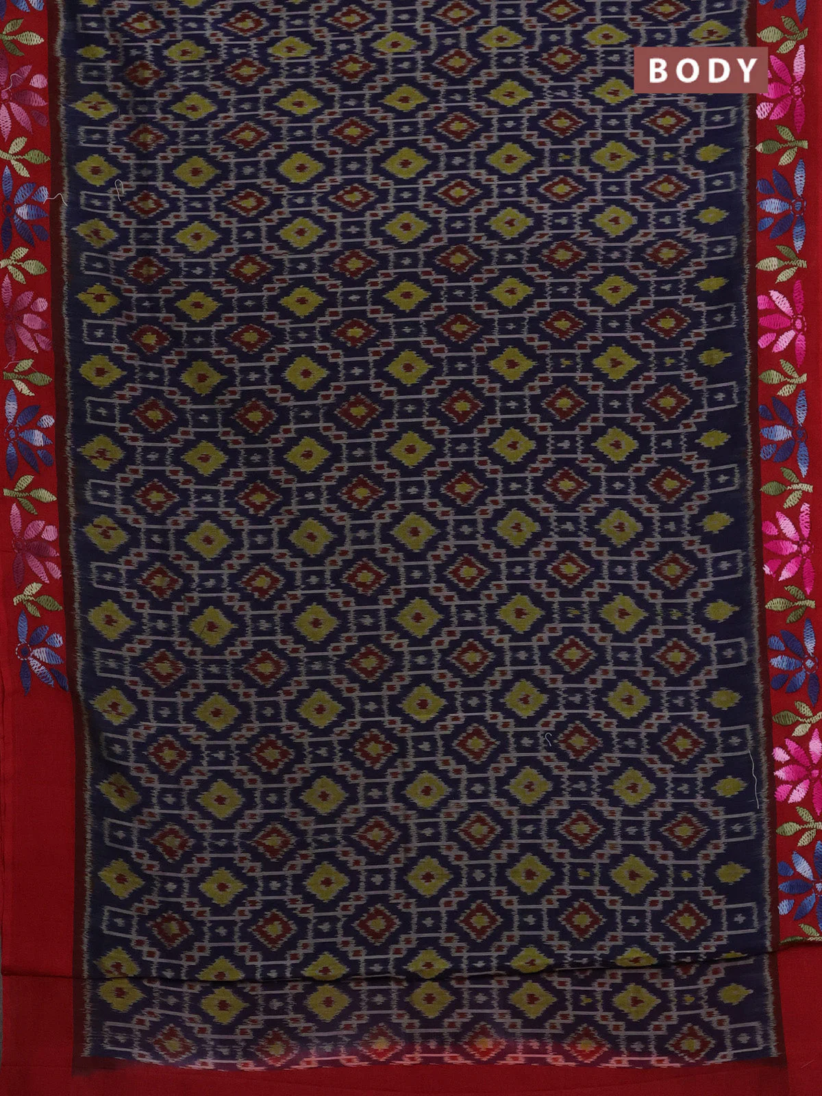 Ikat cotton saree navy blue and red with allover ikat weaves and kantha stitch work pallu - Image 2