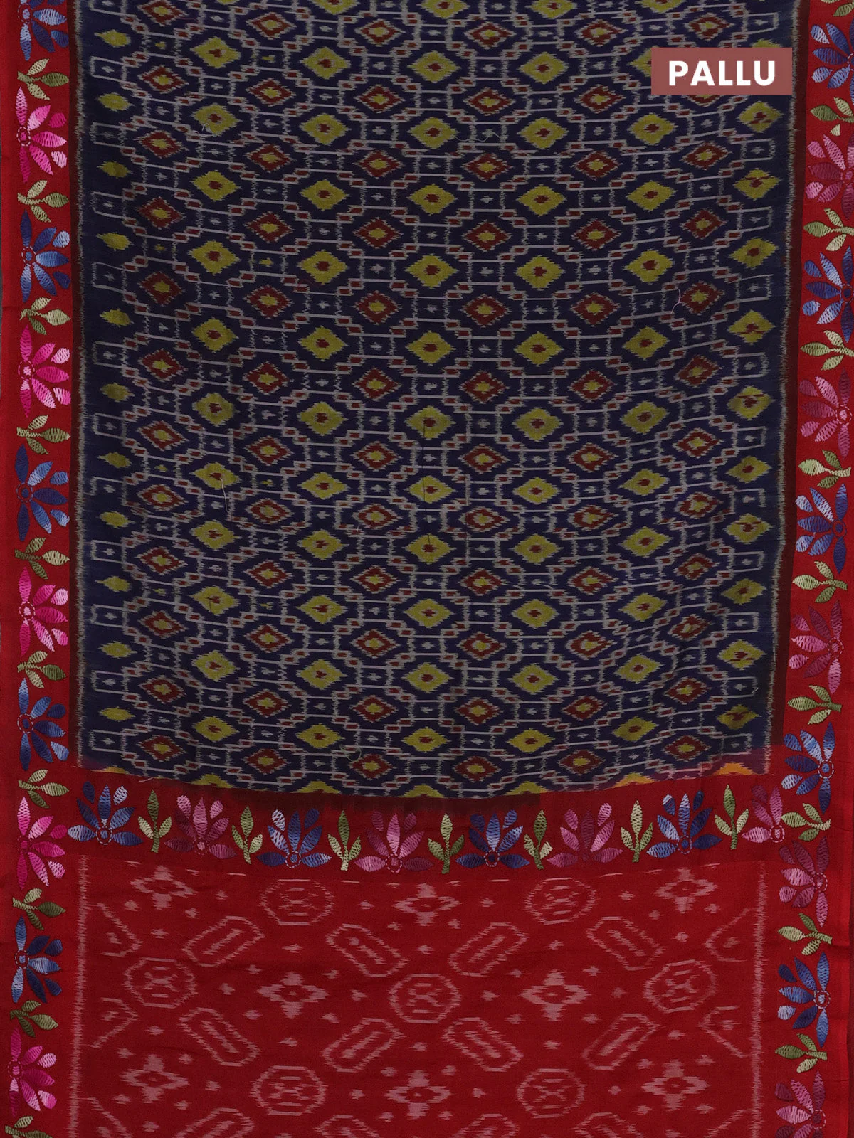Ikat cotton saree navy blue and red with allover ikat weaves and kantha stitch work pallu - Image 3