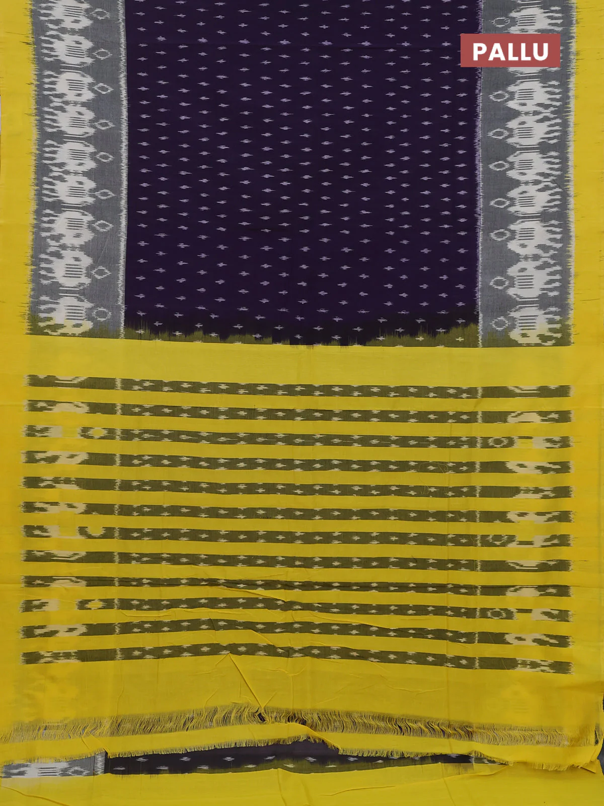 Ikat cotton saree navy blue and yellow with alliover ikat buttas and simple border - Image 3