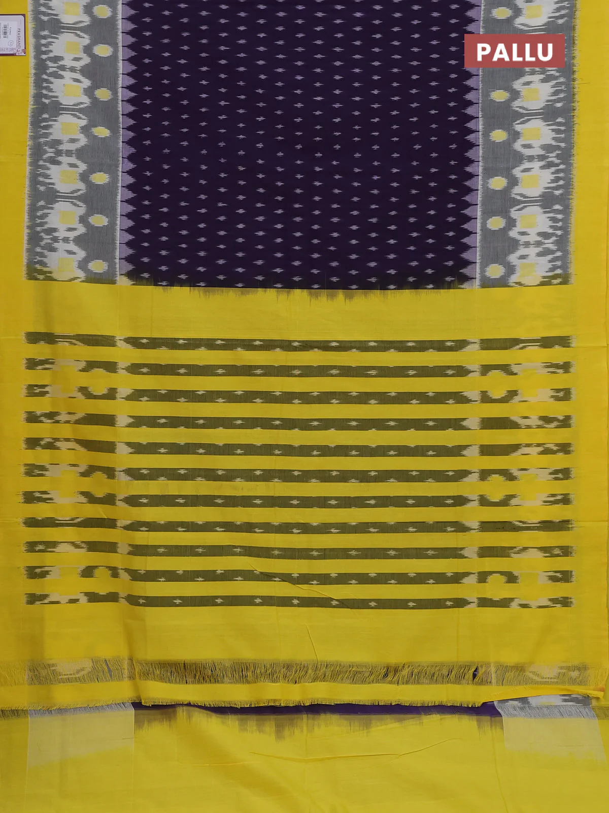 Ikat cotton saree navy blue and yellow with allover ikat weaves and simple border - Image 3