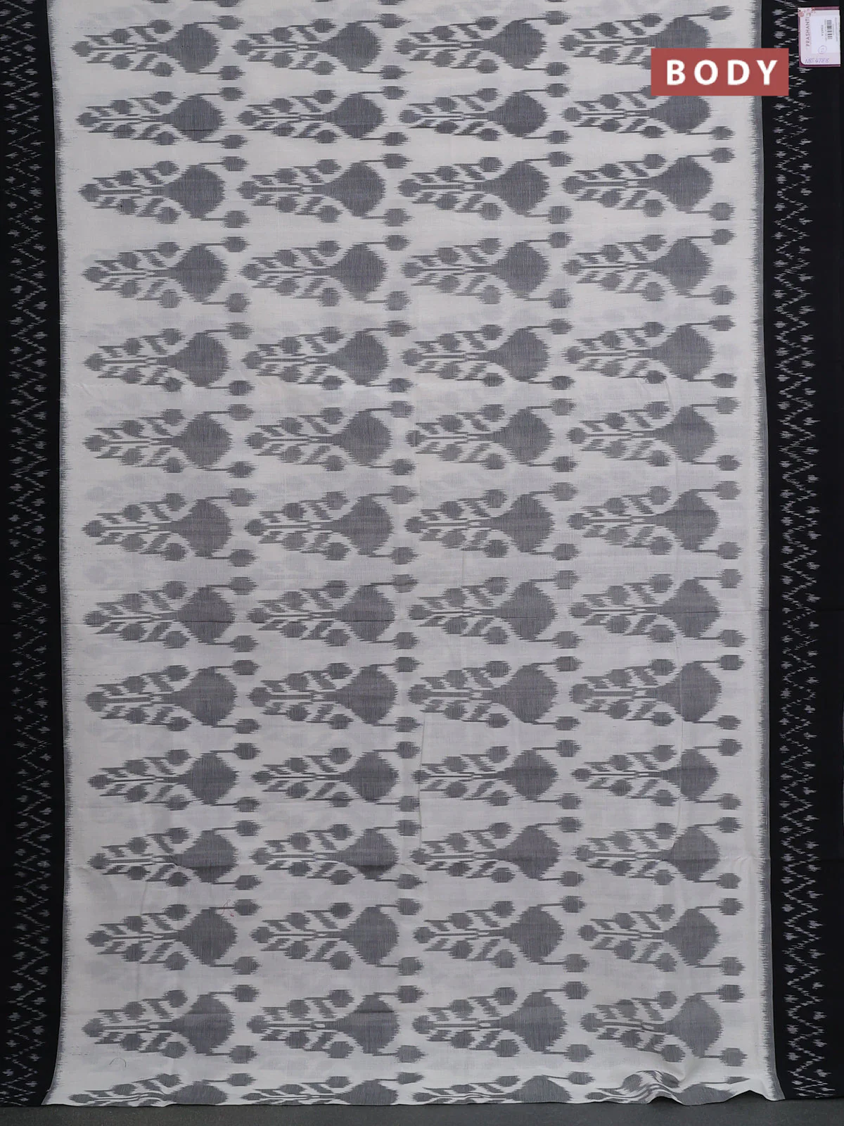 Ikat cotton saree off white and black with allover ikat weaves and ikat woven border - Image 2