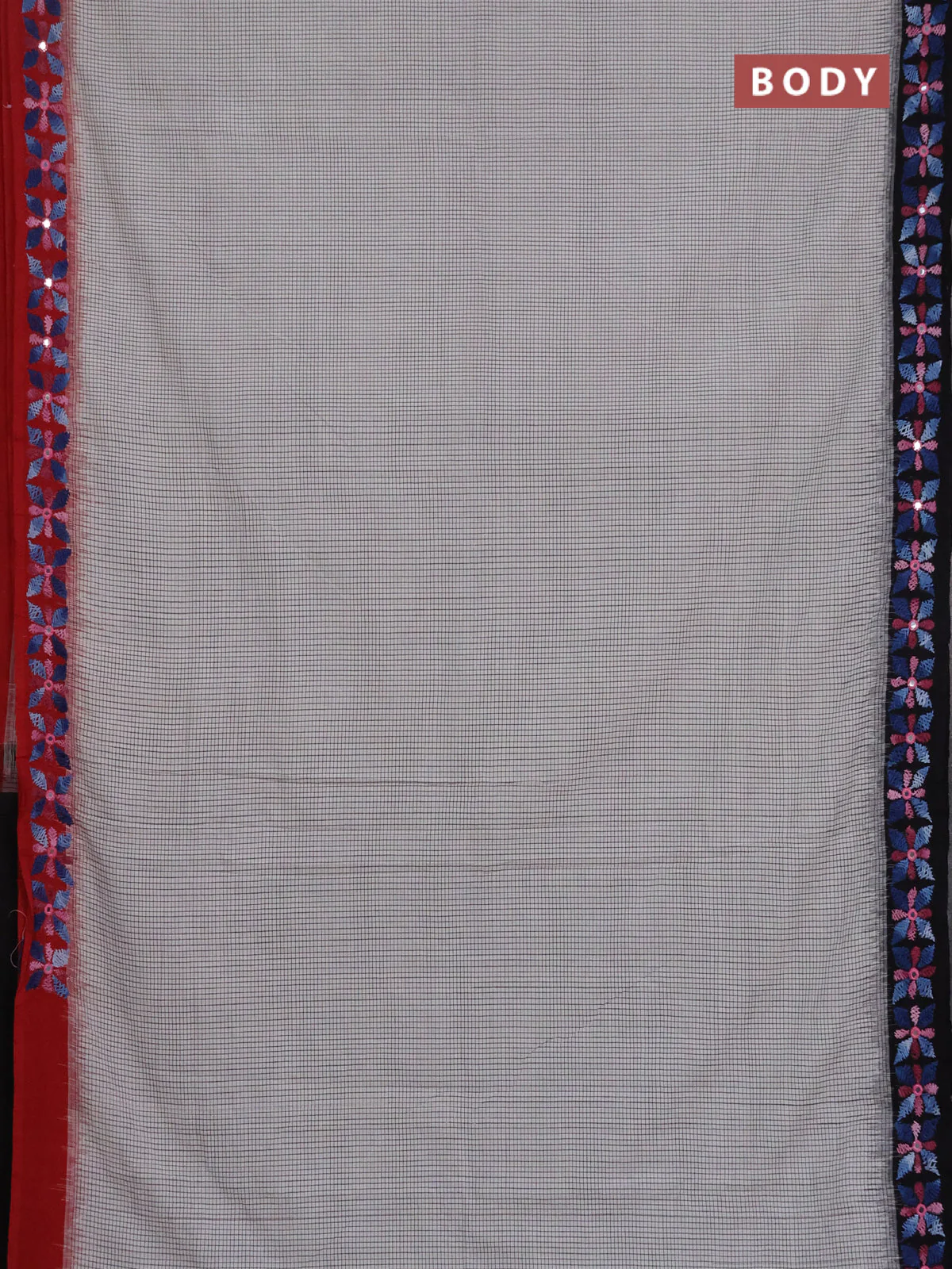 Ikat cotton saree off white and black with allover small checks pattern and ganga jamuna border - Image 2