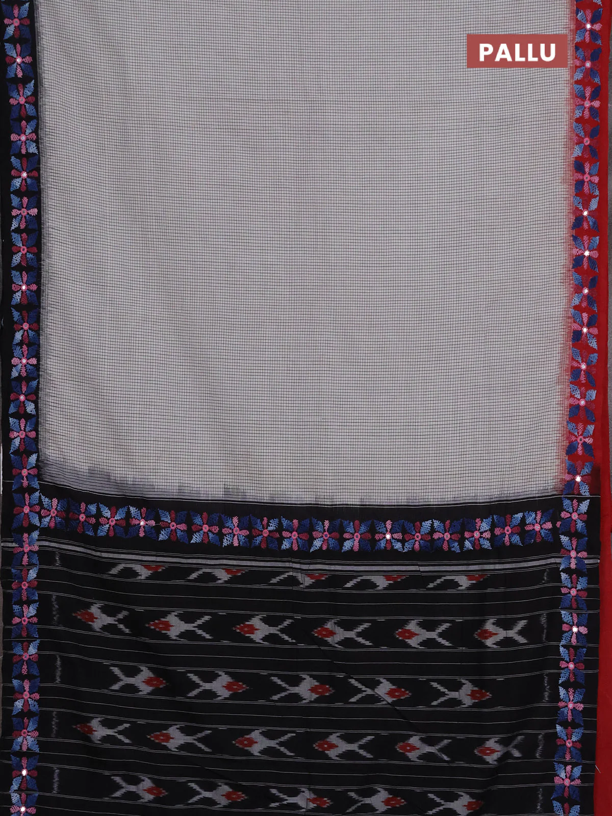 Ikat cotton saree off white and black with allover small checks pattern and ganga jamuna border - Image 3
