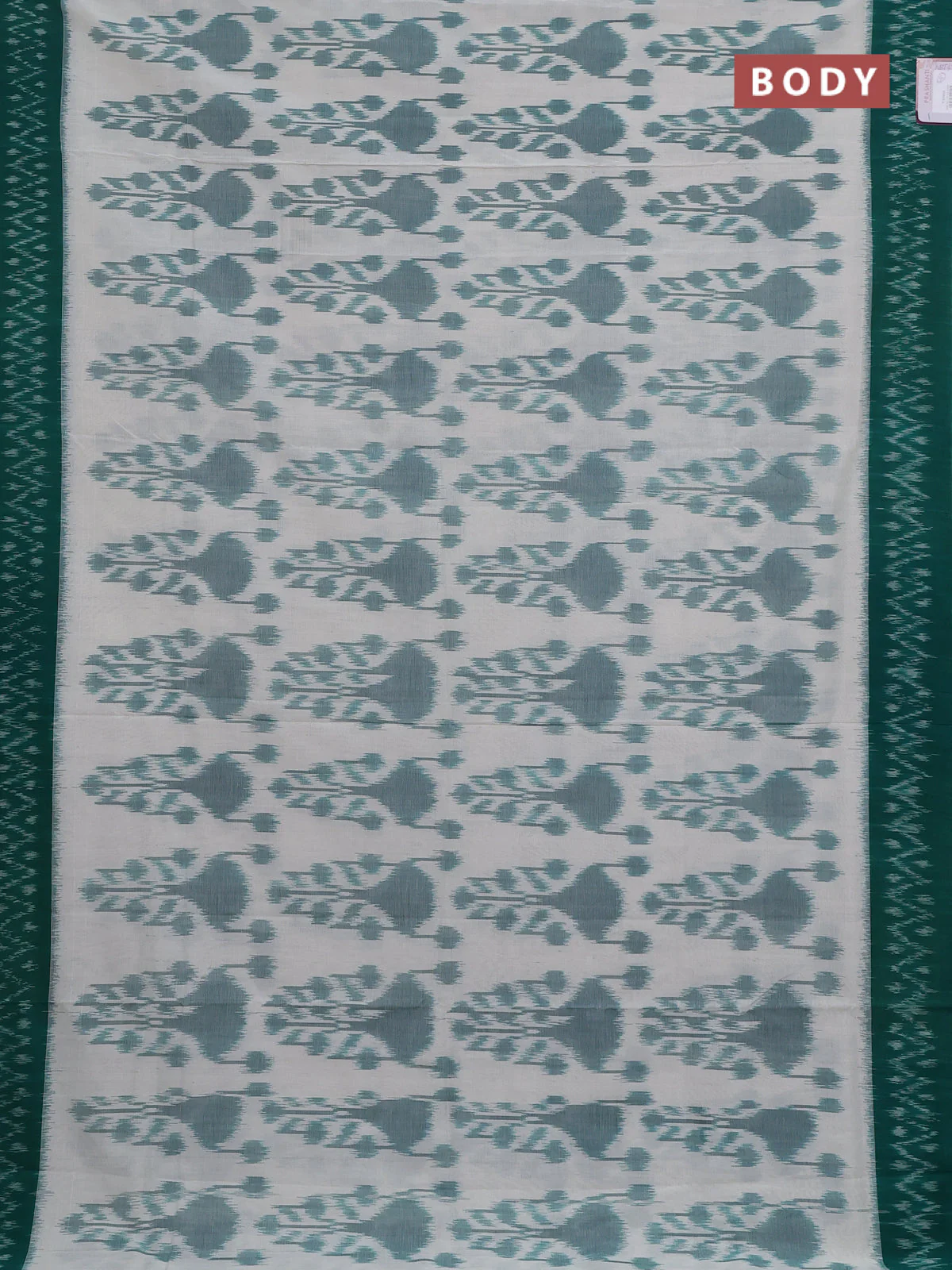 Ikat cotton saree off white and green with allover ikat weaves and ikat woven border - Image 2