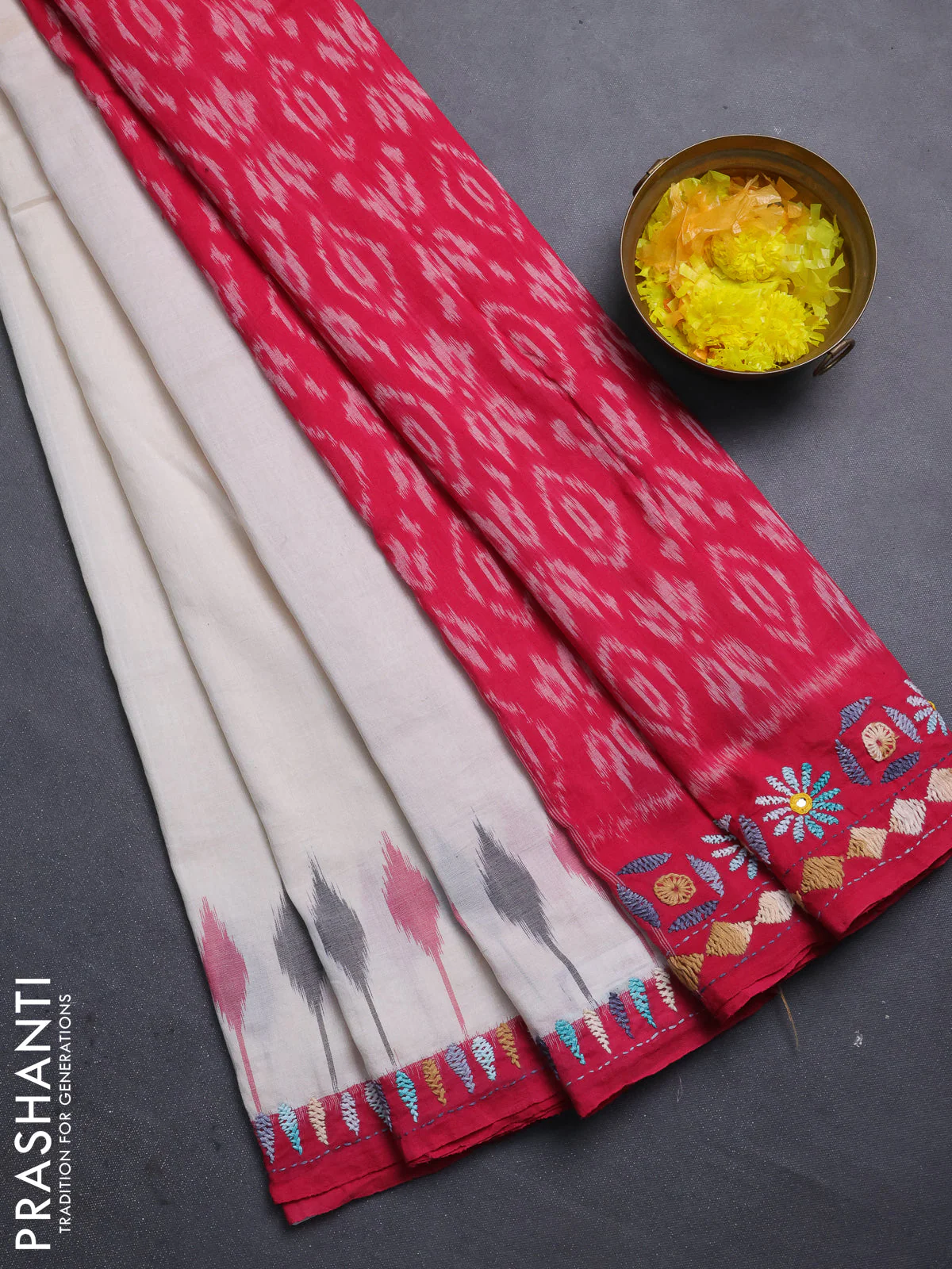 Ikat cotton saree off white and maroon with plain body and ikat woven & kantha stitch work pallu