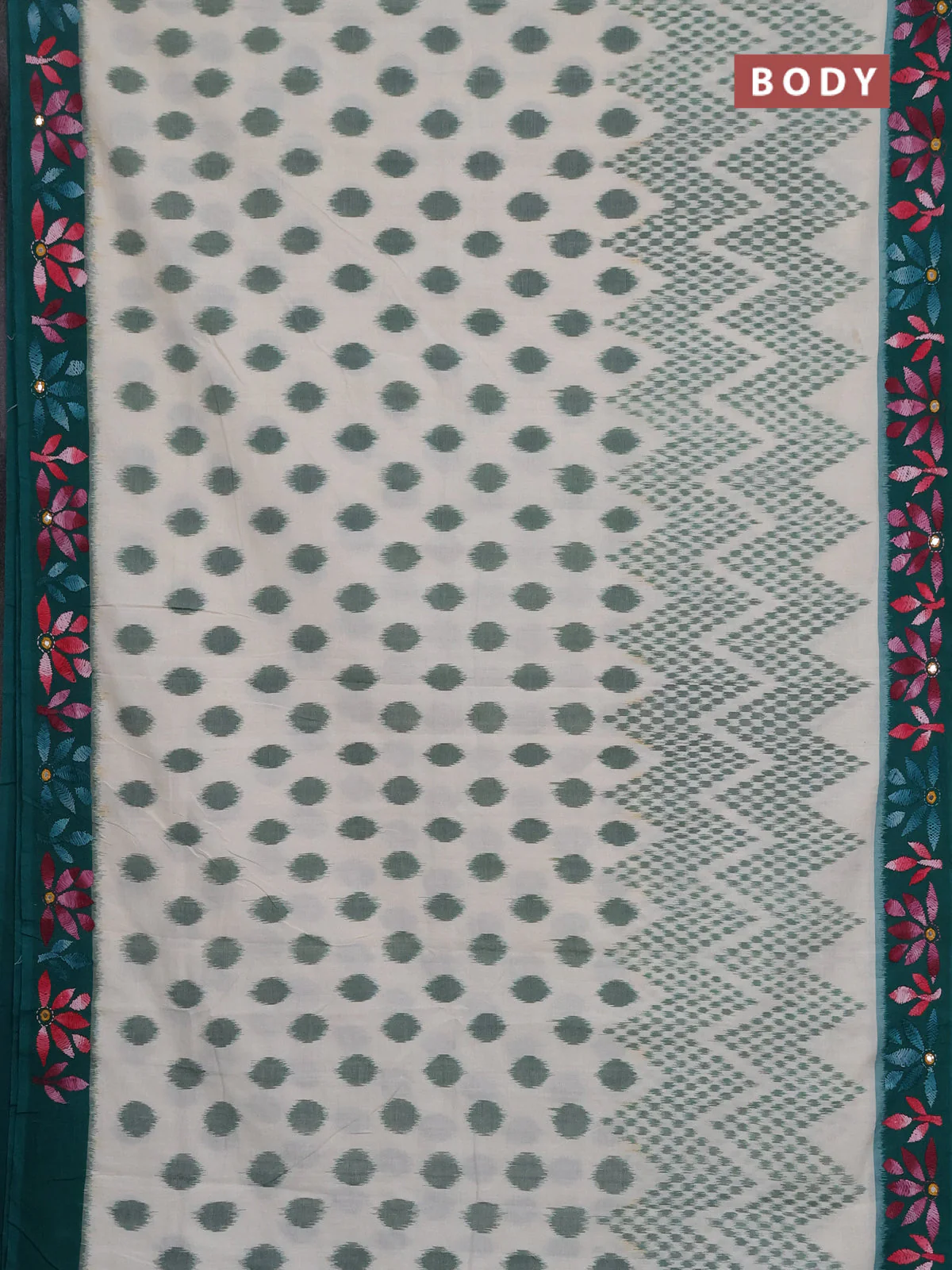 Ikat cotton saree off white and teal green with allover ikat woven buttas and kantha stitch work pallu - Image 2