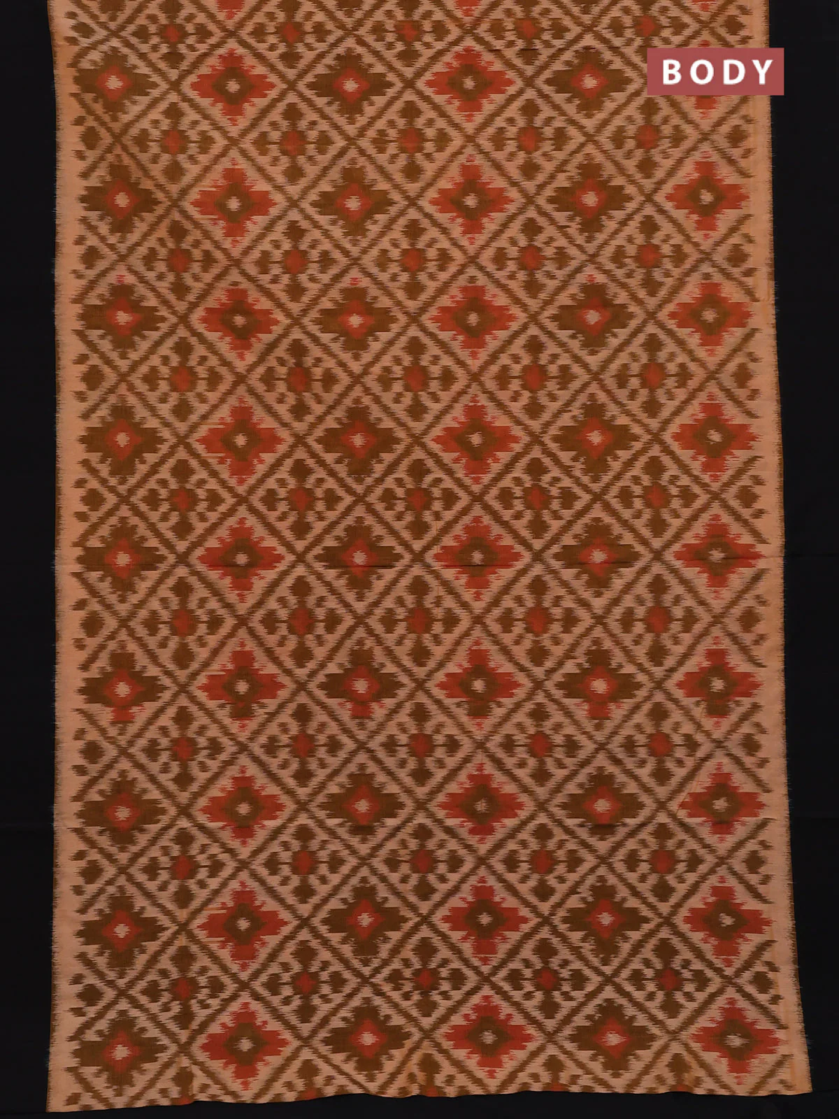 Ikat cotton saree pale orange and black with allover ikat weaves and simple border - Image 2