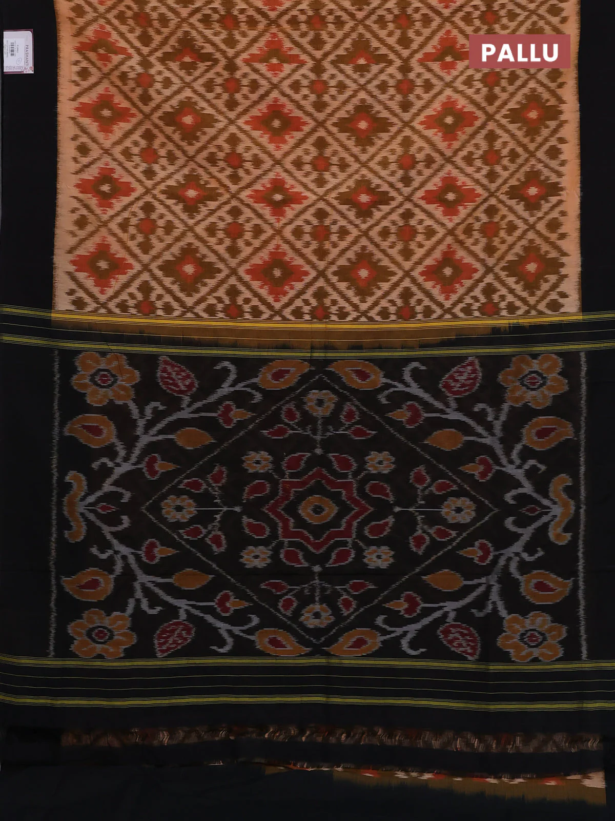Ikat cotton saree pale orange and black with allover ikat weaves and simple border - Image 3