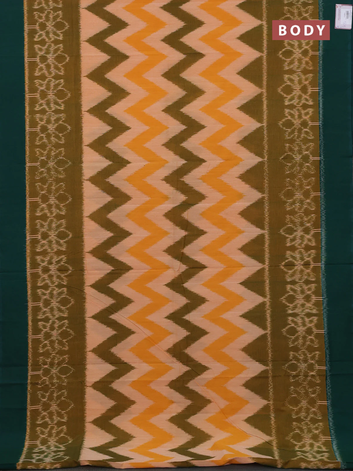 Ikat cotton saree pale orange and bottle green with allover ikat weaves and long ikat woven & simple border - Image 2