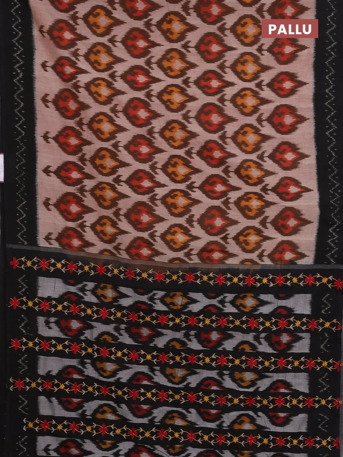 Ikat cotton saree pastel brown and black with allover ikat weaves and ikat woven border - Image 3