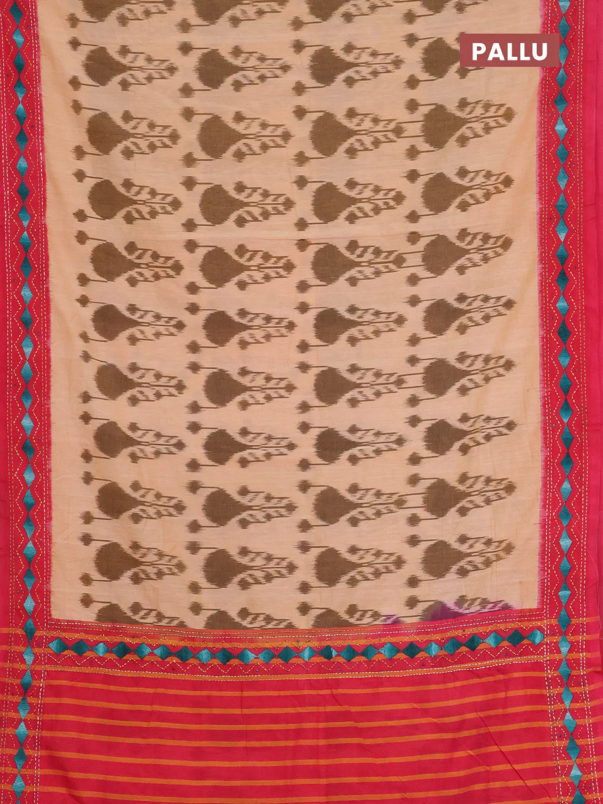 Ikat cotton saree peach shade and pink with allover ikat weaves and kantha stitch work pallu - Image 3