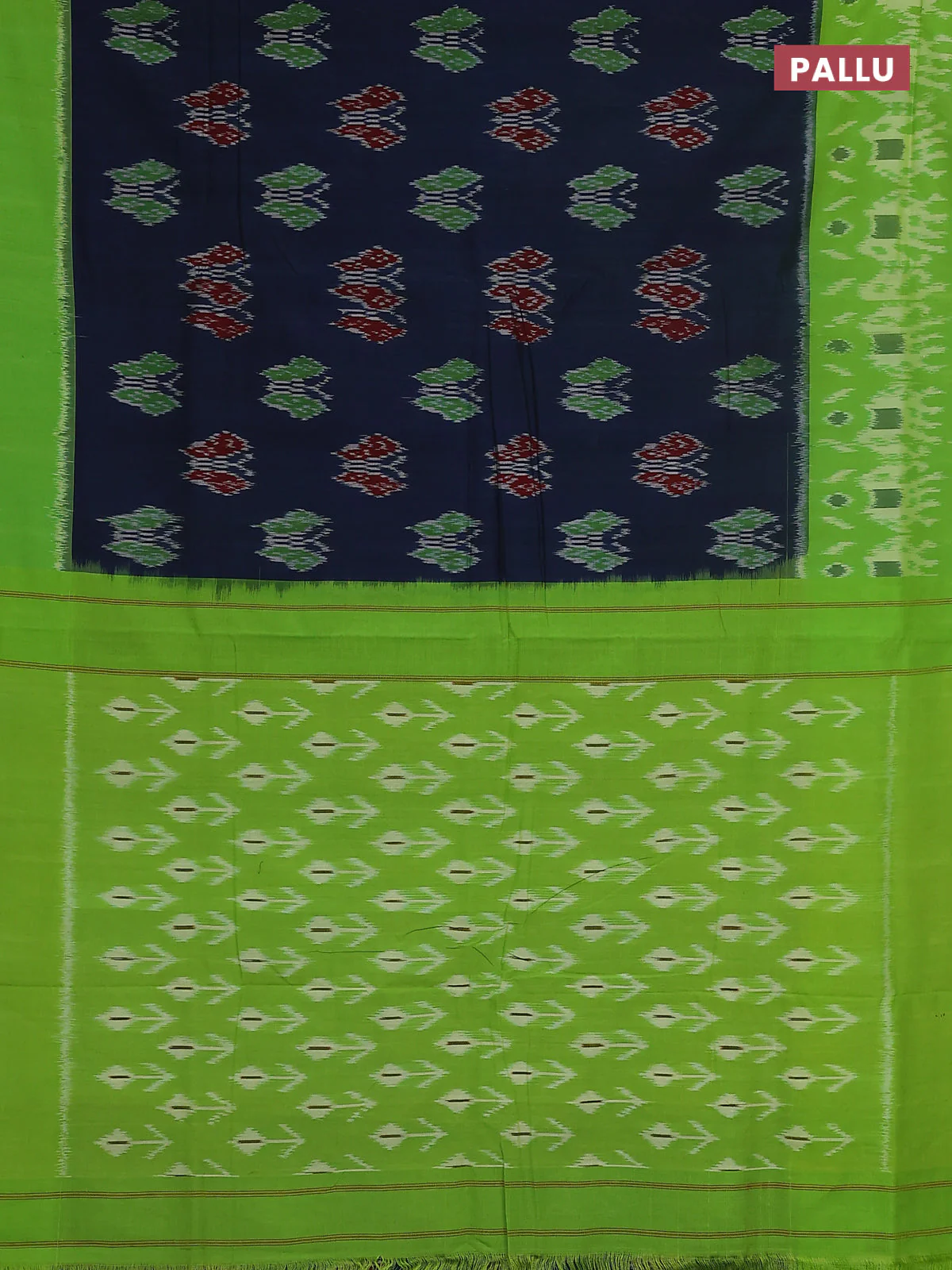 Ikat cotton saree peacock blue and light green with allover ikat butta weaves and long ikat style border - Image 3
