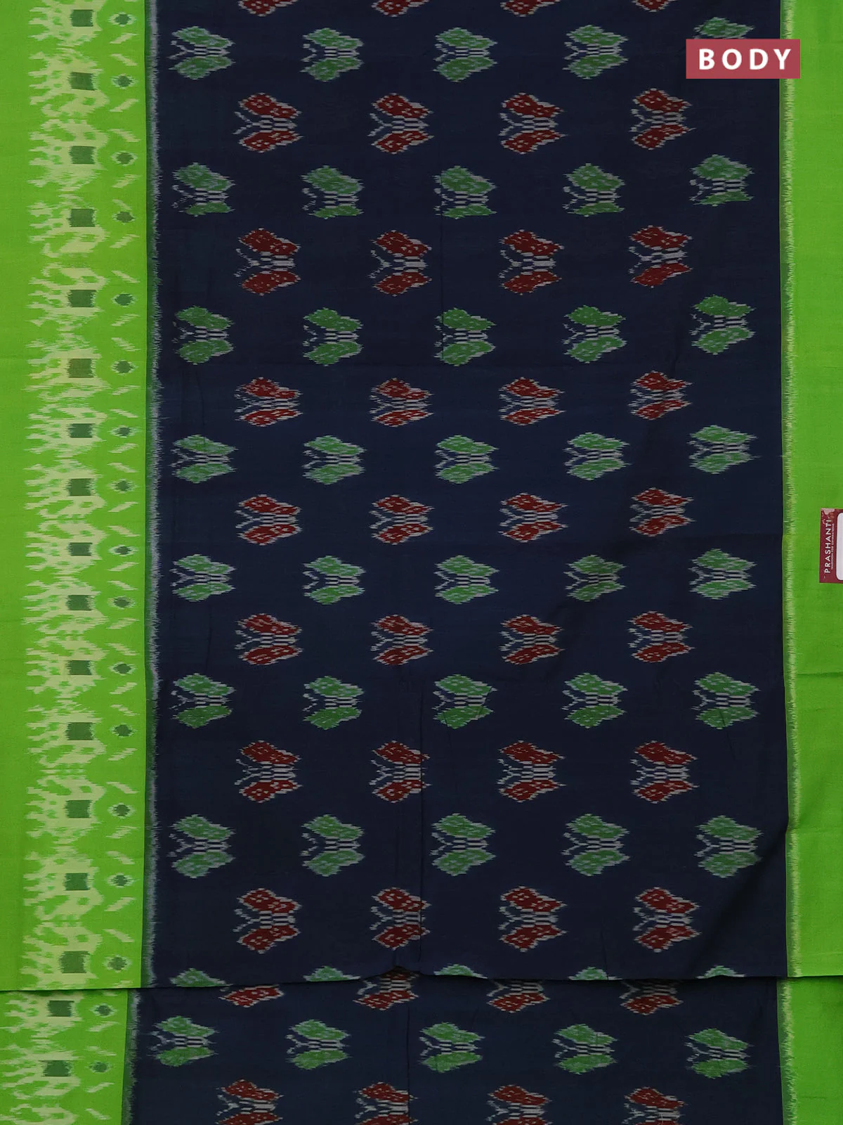 Ikat cotton saree peacock blue and light green with allover ikat butta weaves and simple border - Image 2