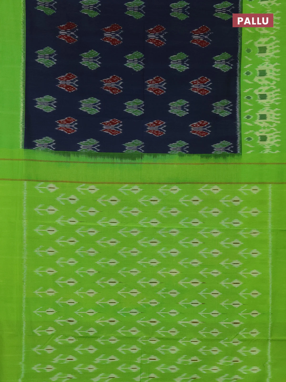 Ikat cotton saree peacock blue and light green with allover ikat butta weaves and simple border - Image 3