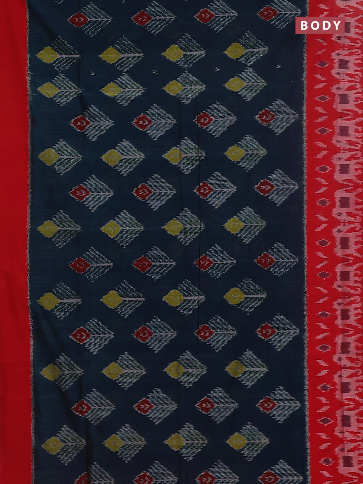 Ikat cotton saree peacock blue and red with allover ikat butta weaves and long ikat style border - Image 2