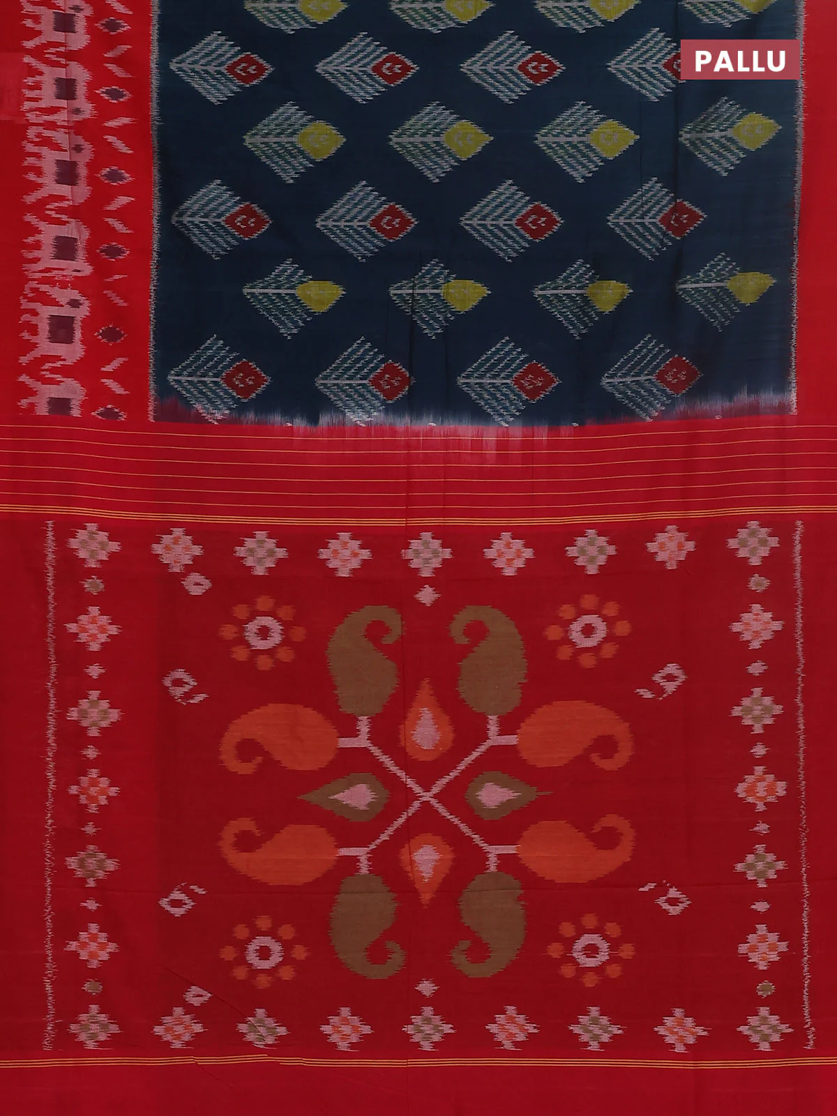 Ikat cotton saree peacock blue and red with allover ikat butta weaves and long ikat style border - Image 3