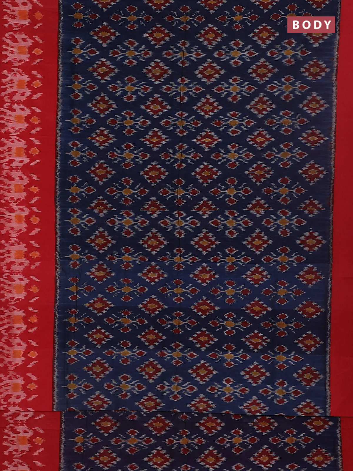 Ikat cotton saree peacock blue and red with allover ikat weaves and simple border - Image 2