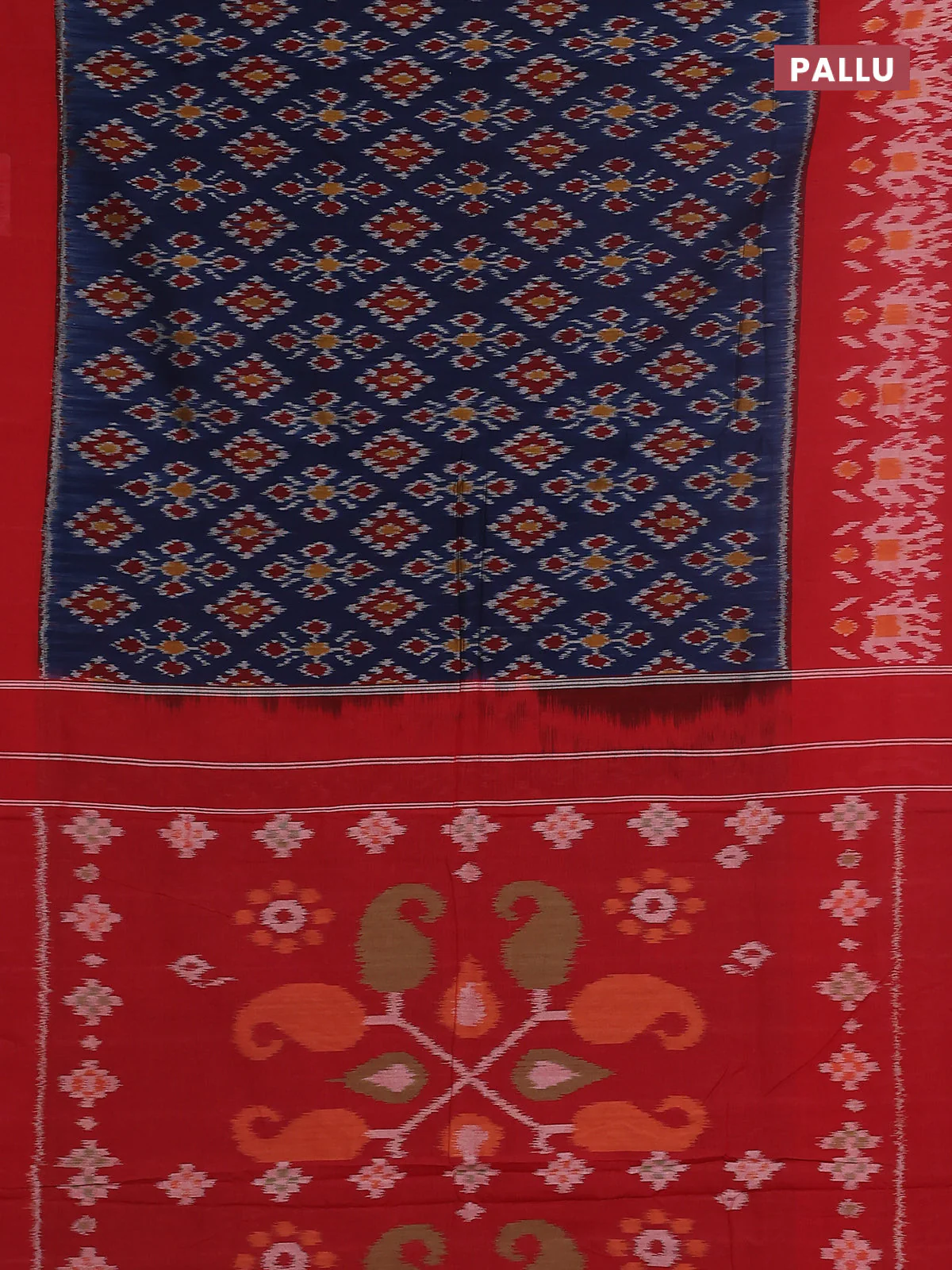 Ikat cotton saree peacock blue and red with allover ikat weaves and simple border - Image 3