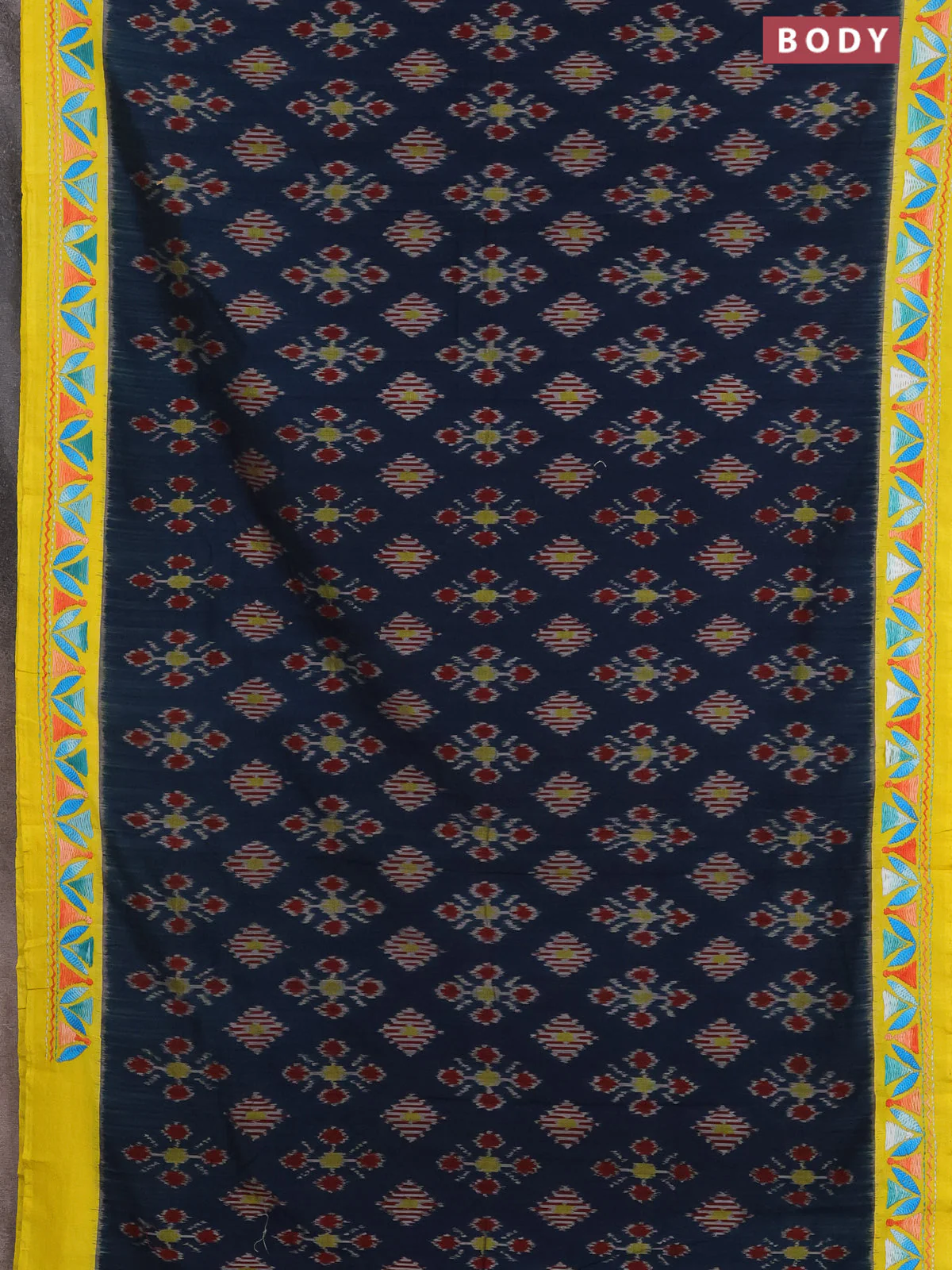 Ikat cotton saree peacock blue and yellow with allover ikat weaves and kantha stitch work pallu - Image 2
