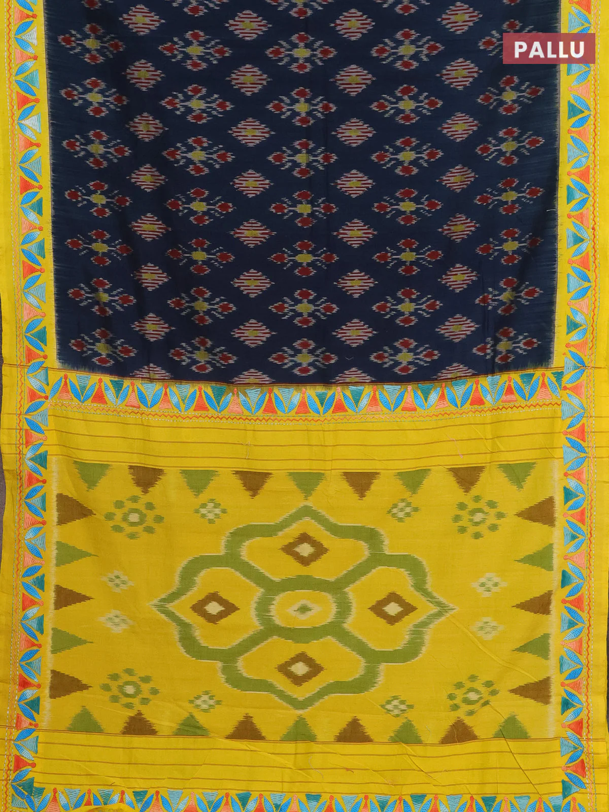 Ikat cotton saree peacock blue and yellow with allover ikat weaves and kantha stitch work pallu - Image 3