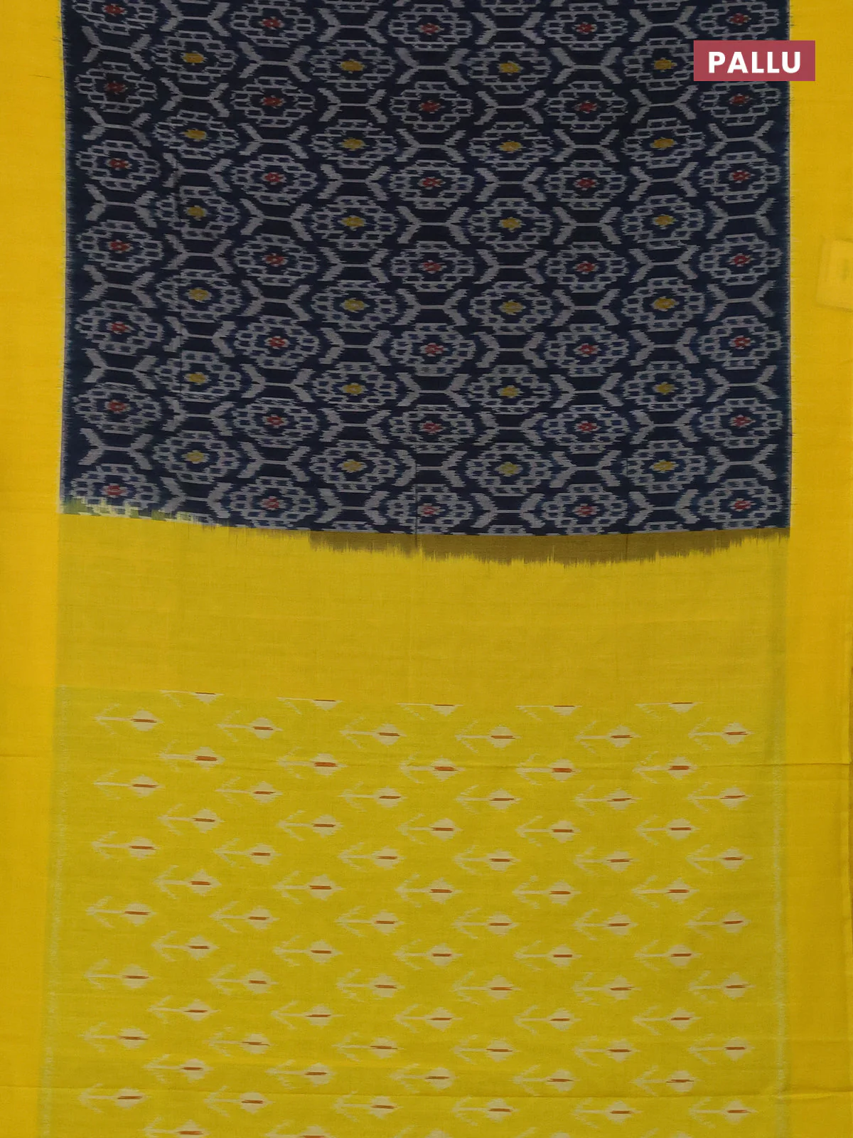 Ikat cotton saree peacock blue and yellow with allover ikat weaves and simple border - Image 3