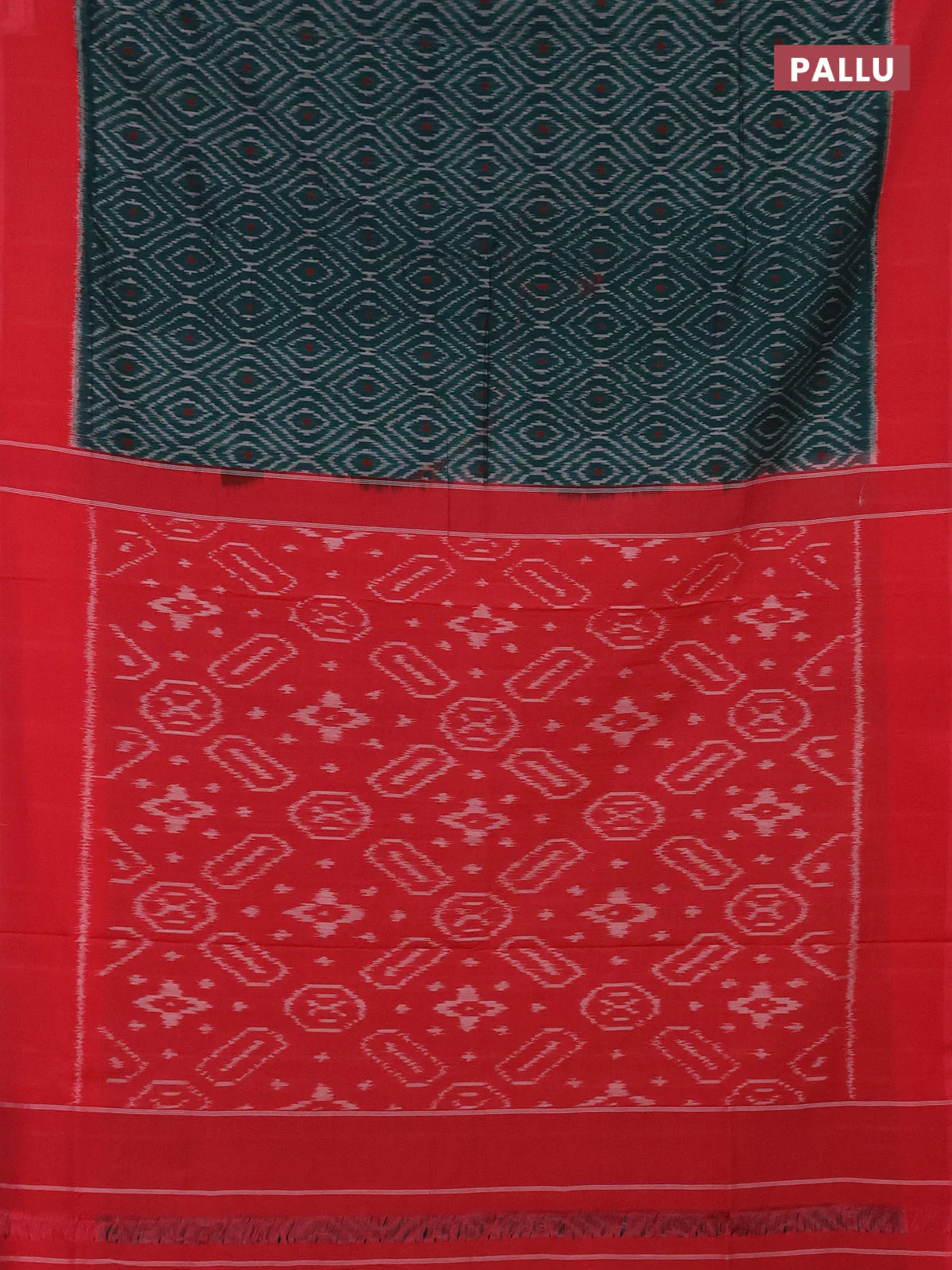 Ikat cotton saree peacock green and pink with allover ikat weaves and simple border - Image 3