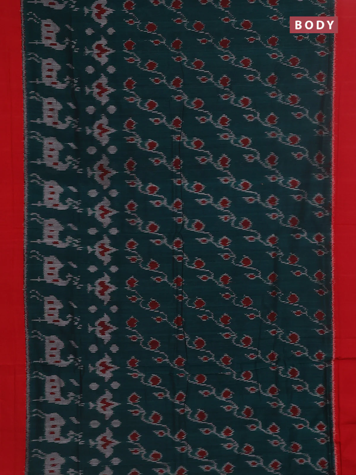 Ikat cotton saree peacock green and red with allover ikat weaves and simple border - Image 2