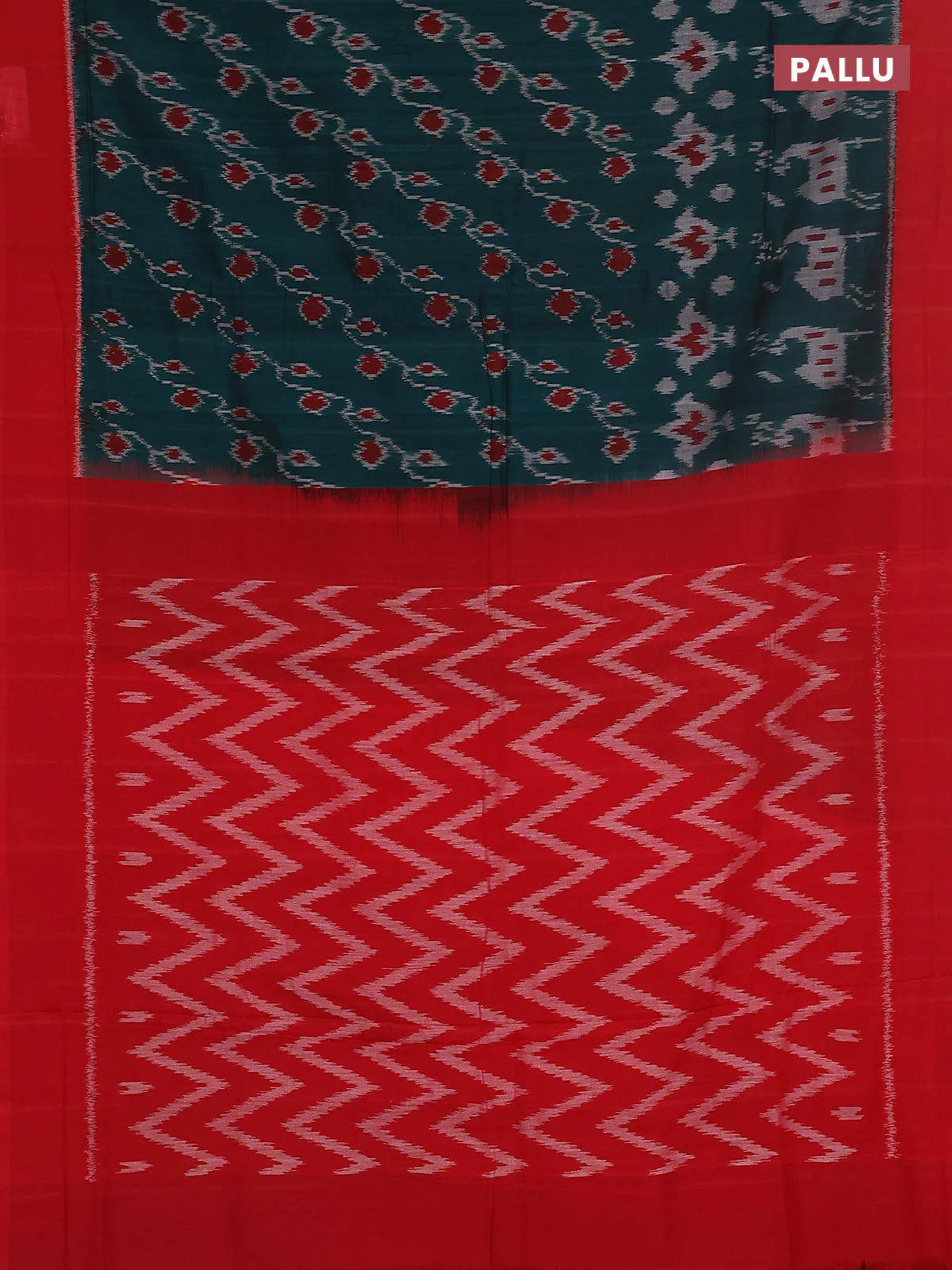 Ikat cotton saree peacock green and red with allover ikat weaves and simple border - Image 3