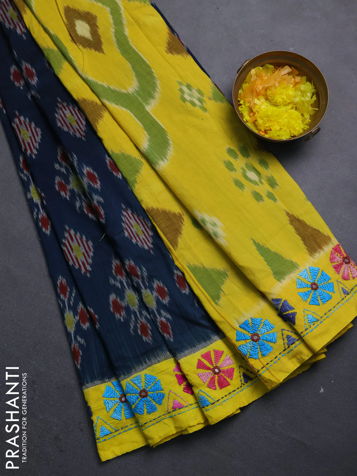 Ikat cotton saree peacock green and yellow with allover ikat weaves and kantha stitch work pallu