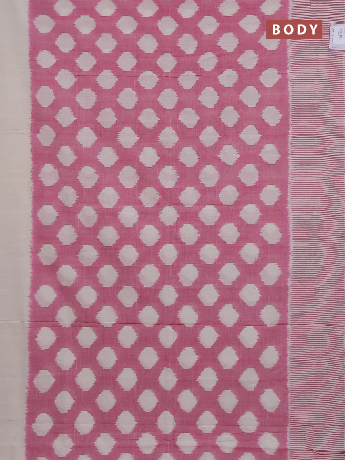 Ikat cotton saree pink and cream with allover ikat weaves and long stripe pattern border - Image 2