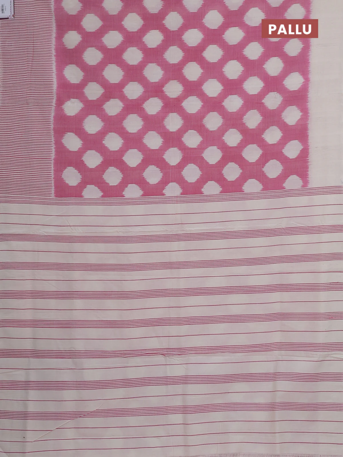 Ikat cotton saree pink and cream with allover ikat weaves and long stripe pattern border - Image 3