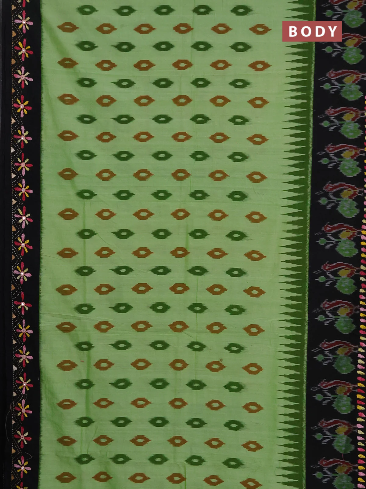 Ikat cotton saree pista green and black with allover ikat woven buttas and kantha stitch work pallu - Image 2