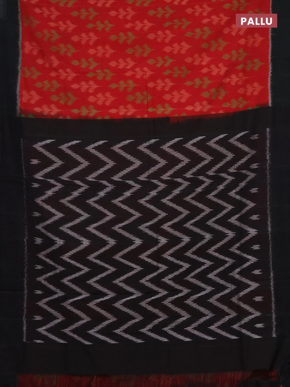 Ikat cotton saree red and black with allover ikat butta weaves and simple border - Image 3