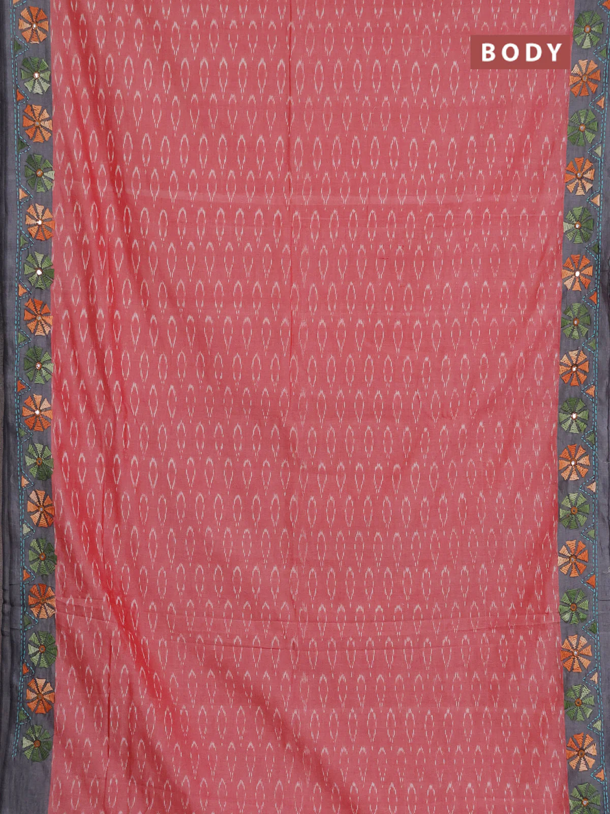 Ikat cotton saree red and grey with allover ikat weaves and kantha stitch work pallu - Image 2
