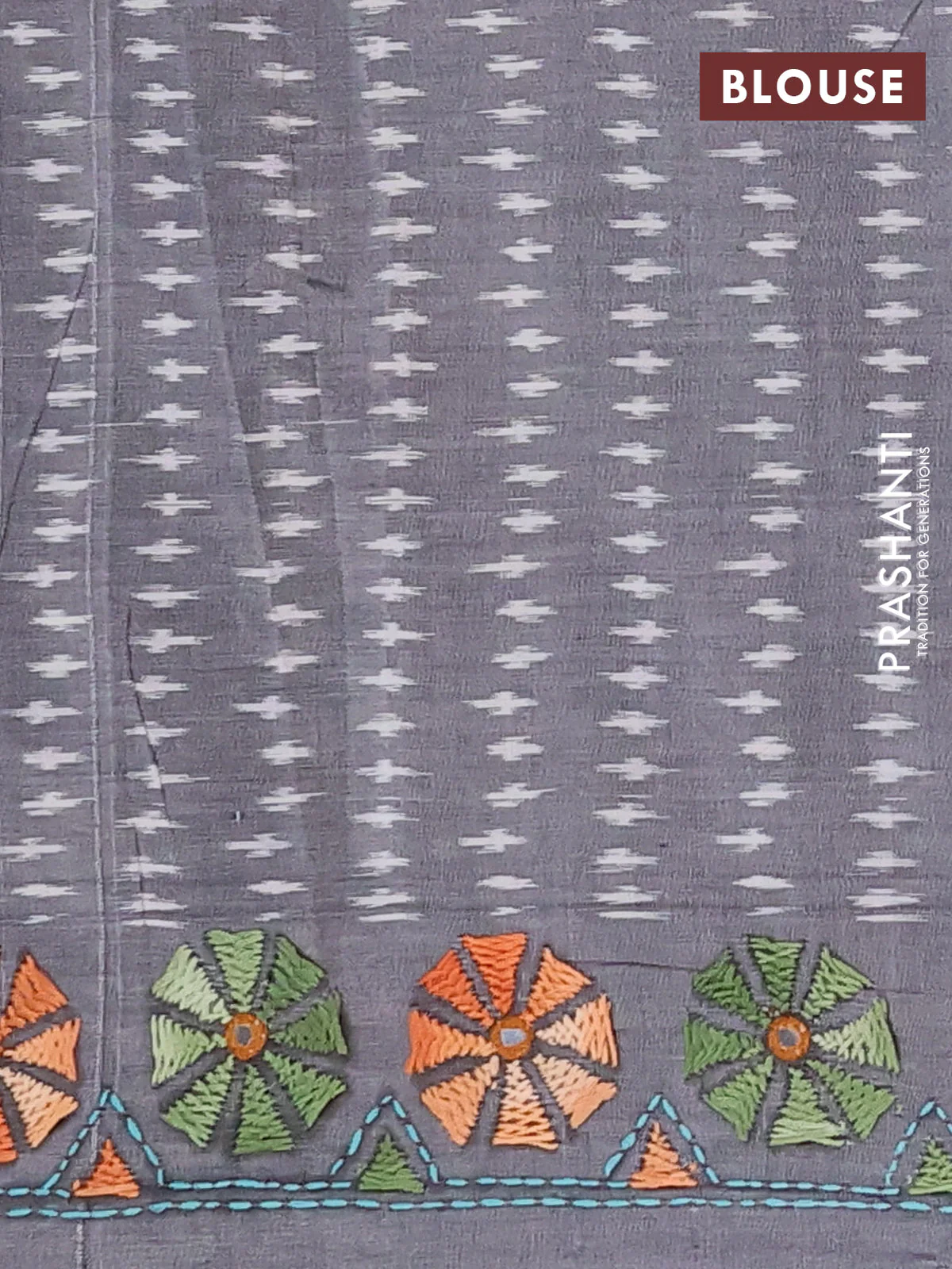 Ikat cotton saree red and grey with allover ikat weaves and kantha stitch work pallu - Image 4