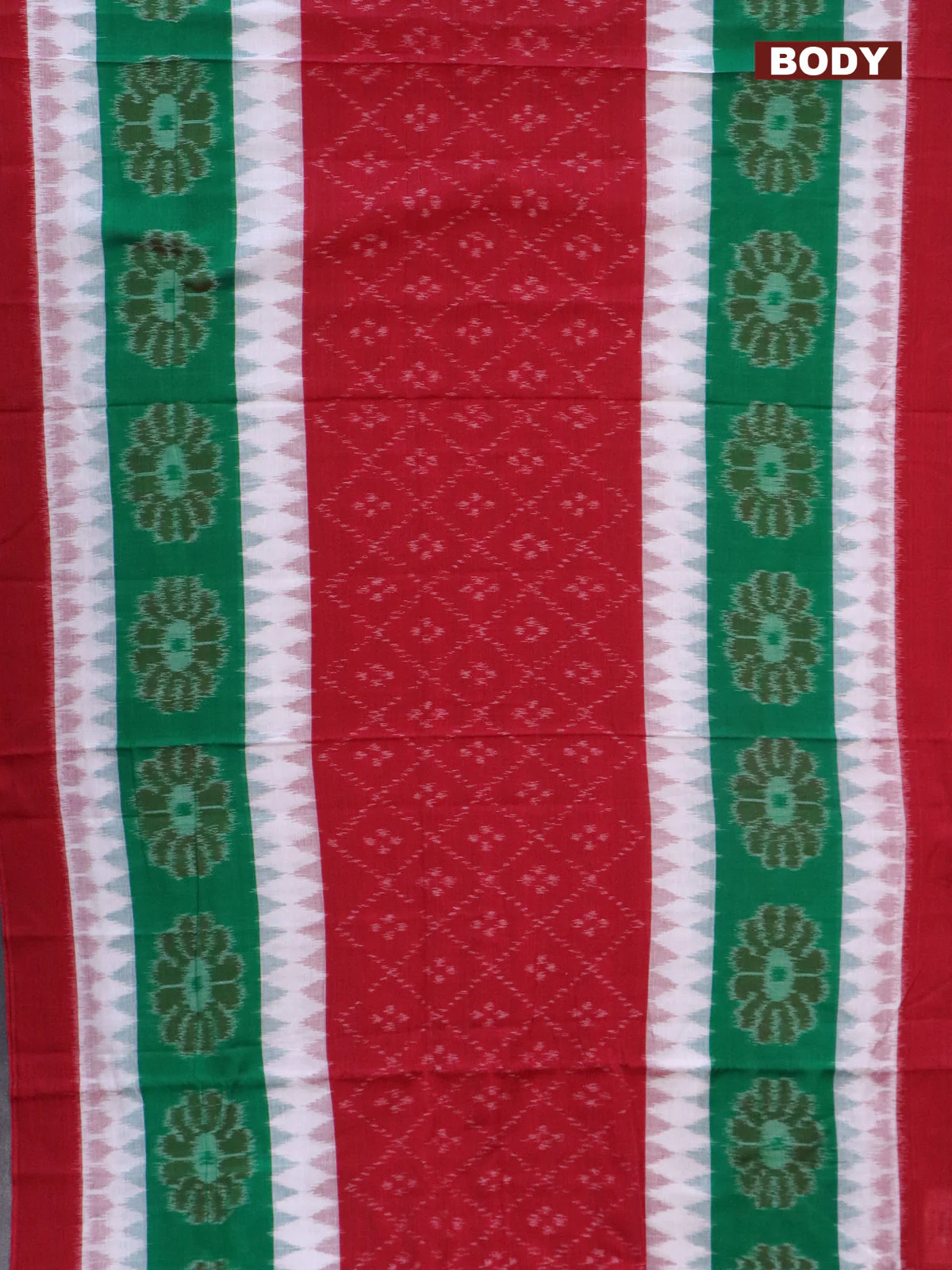 Ikat cotton saree red and off white green with allover ikat weaves and long ikat woven border - Image 2
